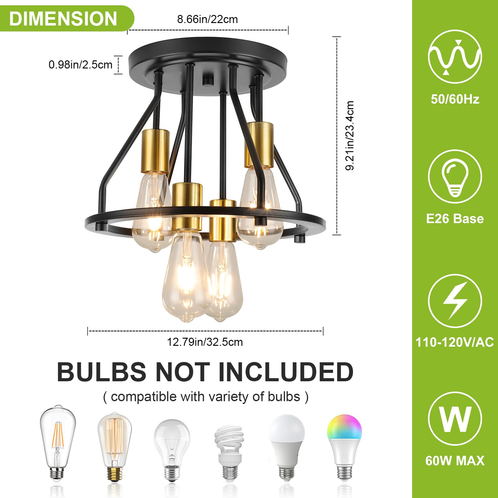 Wilon Semi Flush Mount Ceiling Light 4-Light Ceiling Light Fixtures - Black Gold Farmhouse Kitchen Light Industrial Hallway Ligh