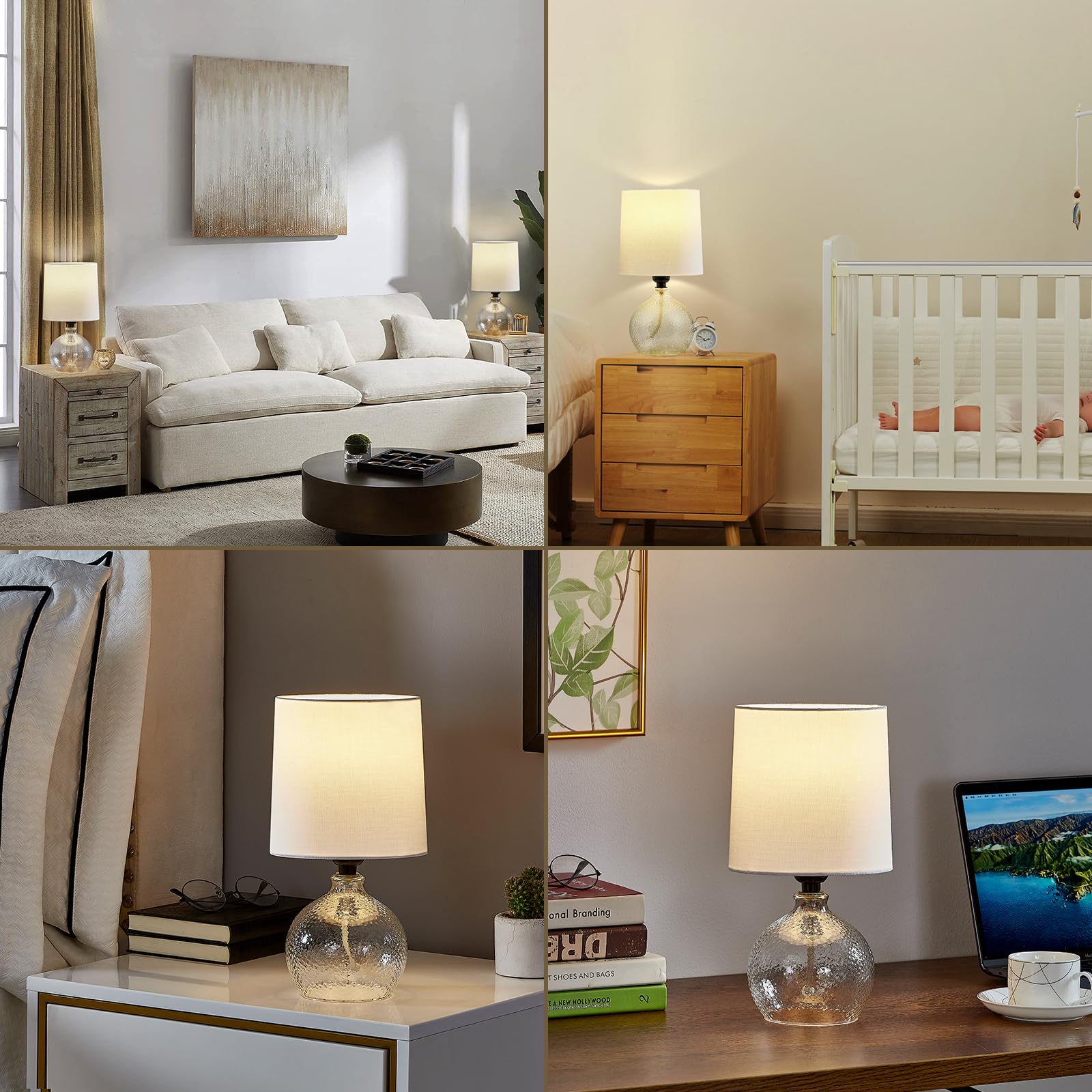 EJIAXIN Glass Table Lamps Set of 2 - 13.5" Clear Modern Bedside Lamps for Living Room, Bedroom, Office, Nightstand, Side Desk