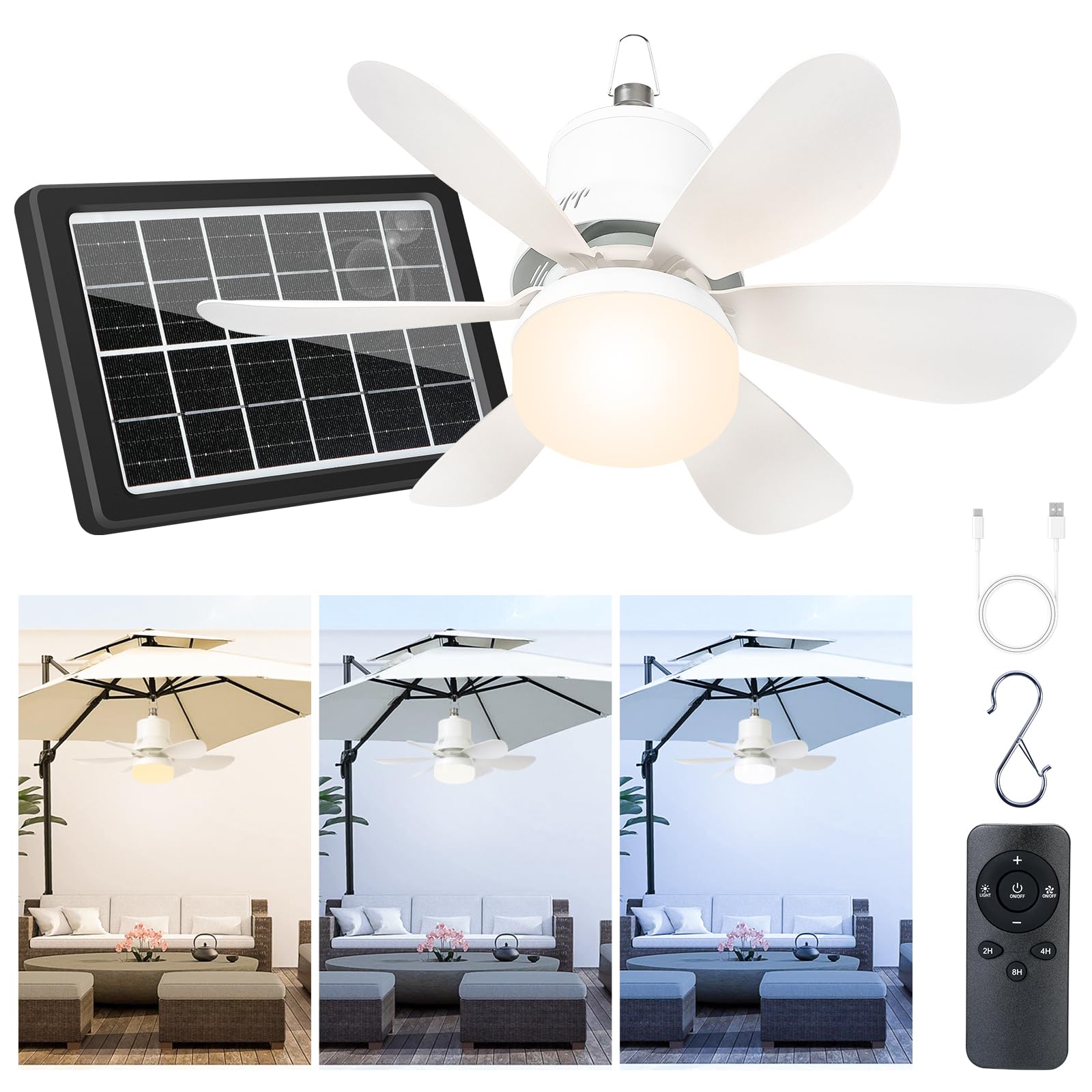Solar Powered Ceiling Fan with Light, Dual USB-C/Solar Charging, 18.5 Quiet Outdoor Hanging Fan Light with Timer, 3 Speed/3CCT,