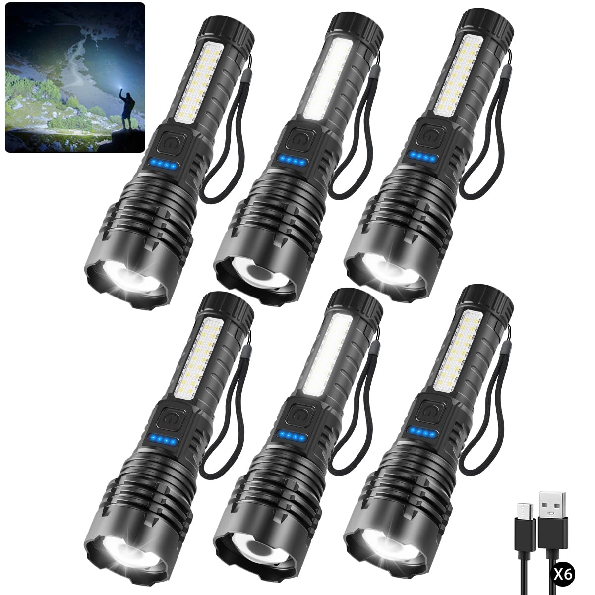 KYEKIO Rechargeable Flashlights, 7 Modes, Super Bright LED, 6 Pack, Black, Aluminum