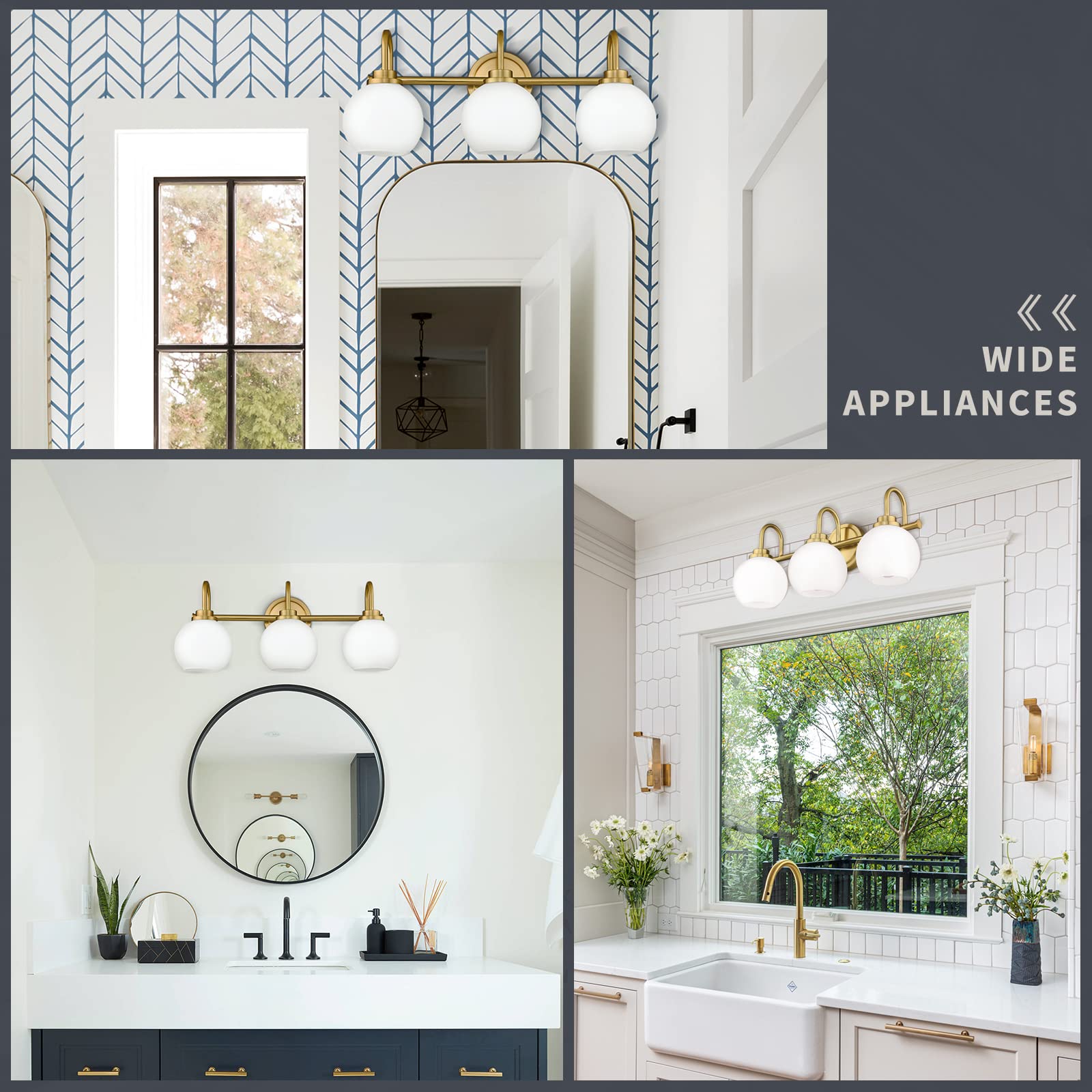 Akezon Gold Bathroom Light Fixtures, 3 Light Gold Modern Bathroom Light Fixtures Over Mirror With White Milk White Globe Glass Shade For Bathroom