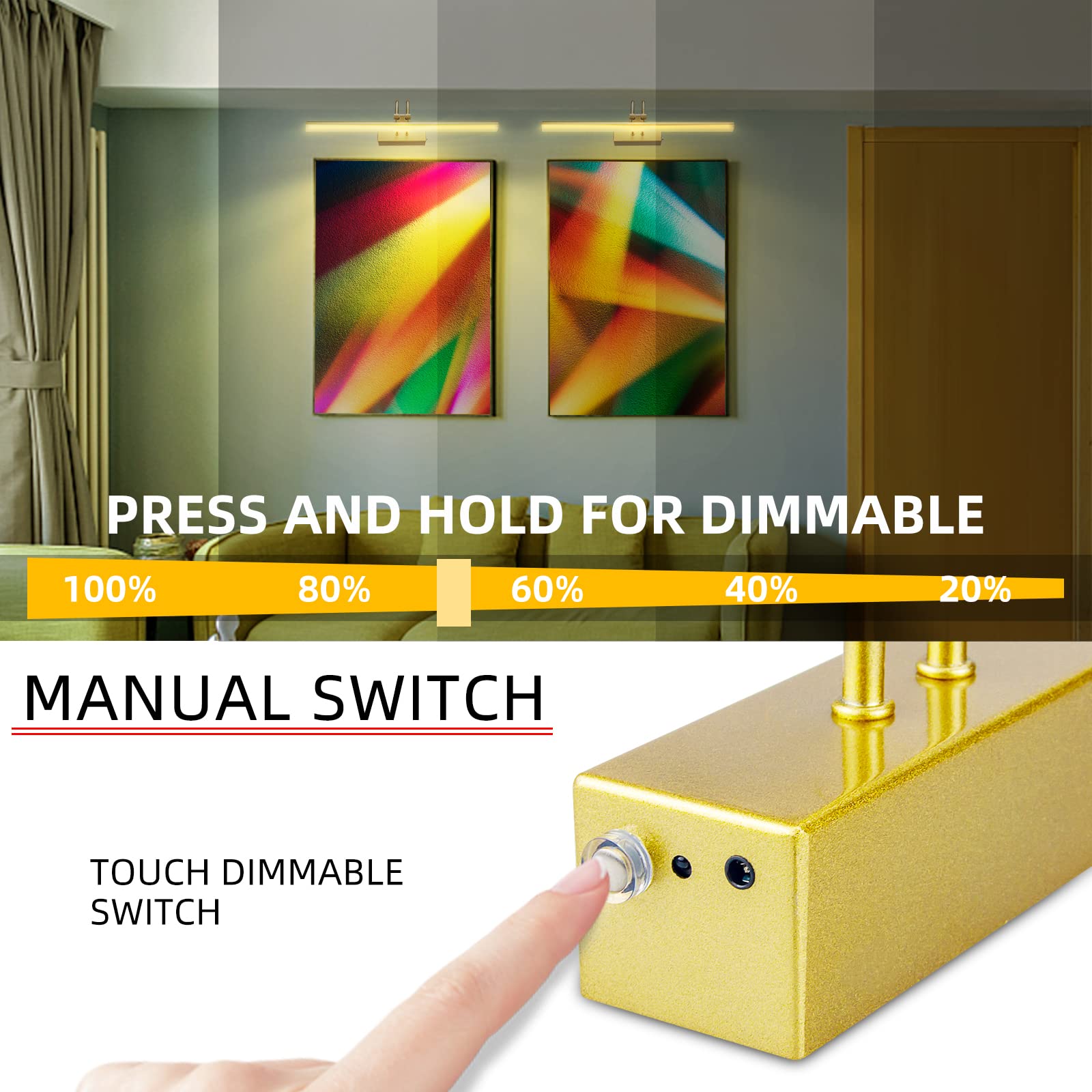 RAIFOOLLY Picture Light, 20in Battery Operated Art Light, Remote Control, Dimmable, Metal, Gold, Model RF00181