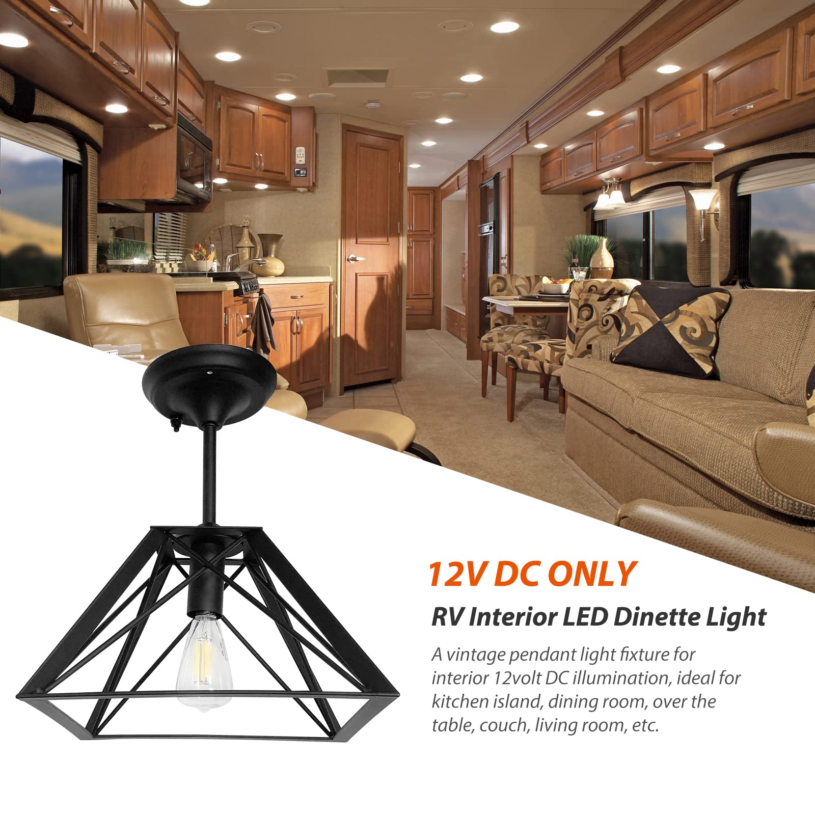 Dream Lighting 12V RV Dinette Ceiling Light Fixture, Vintage Edison Bulb, Matte Black, 12 inch, Model DD-X6F15