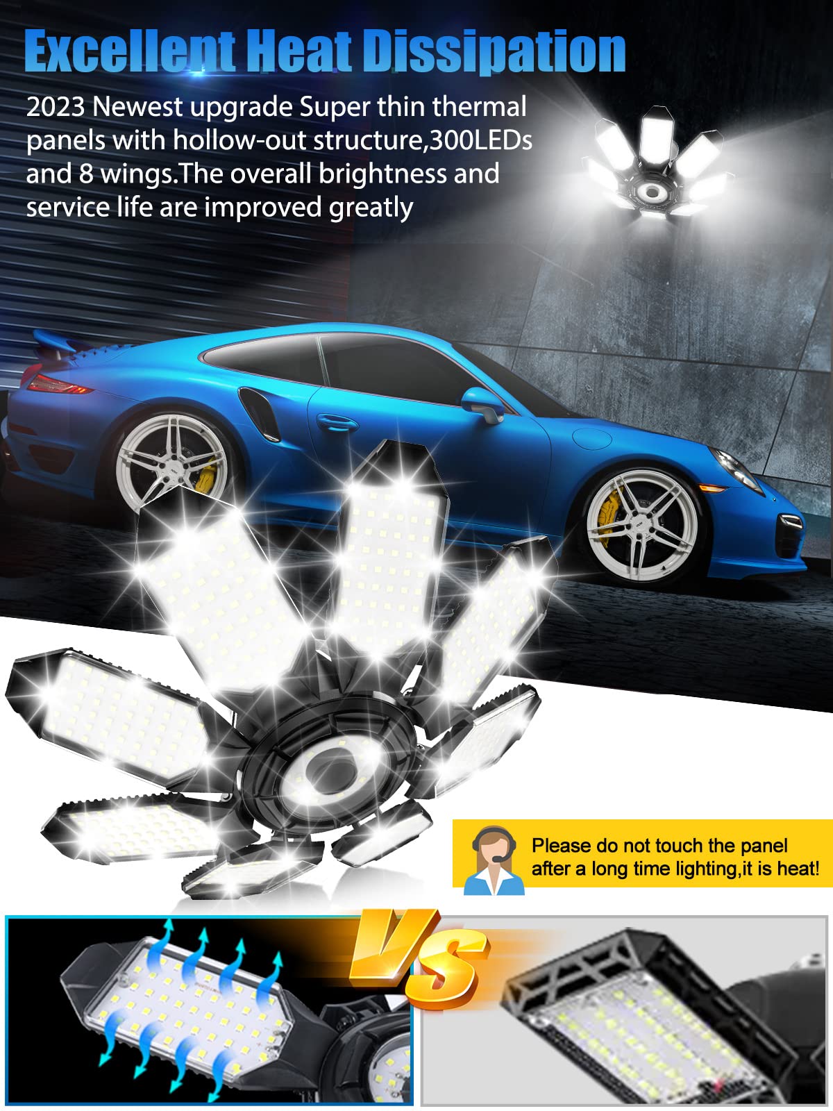 Tanbaby 260W Led Garage Lights 2 Pack, Total 52000Lm Deformable Best Garage Light Ceiling Led Shop Lights, E26/E27 Screw In Led Light Garage Lighting With 8+1 Panels Garage Bulb For Basement, Attic