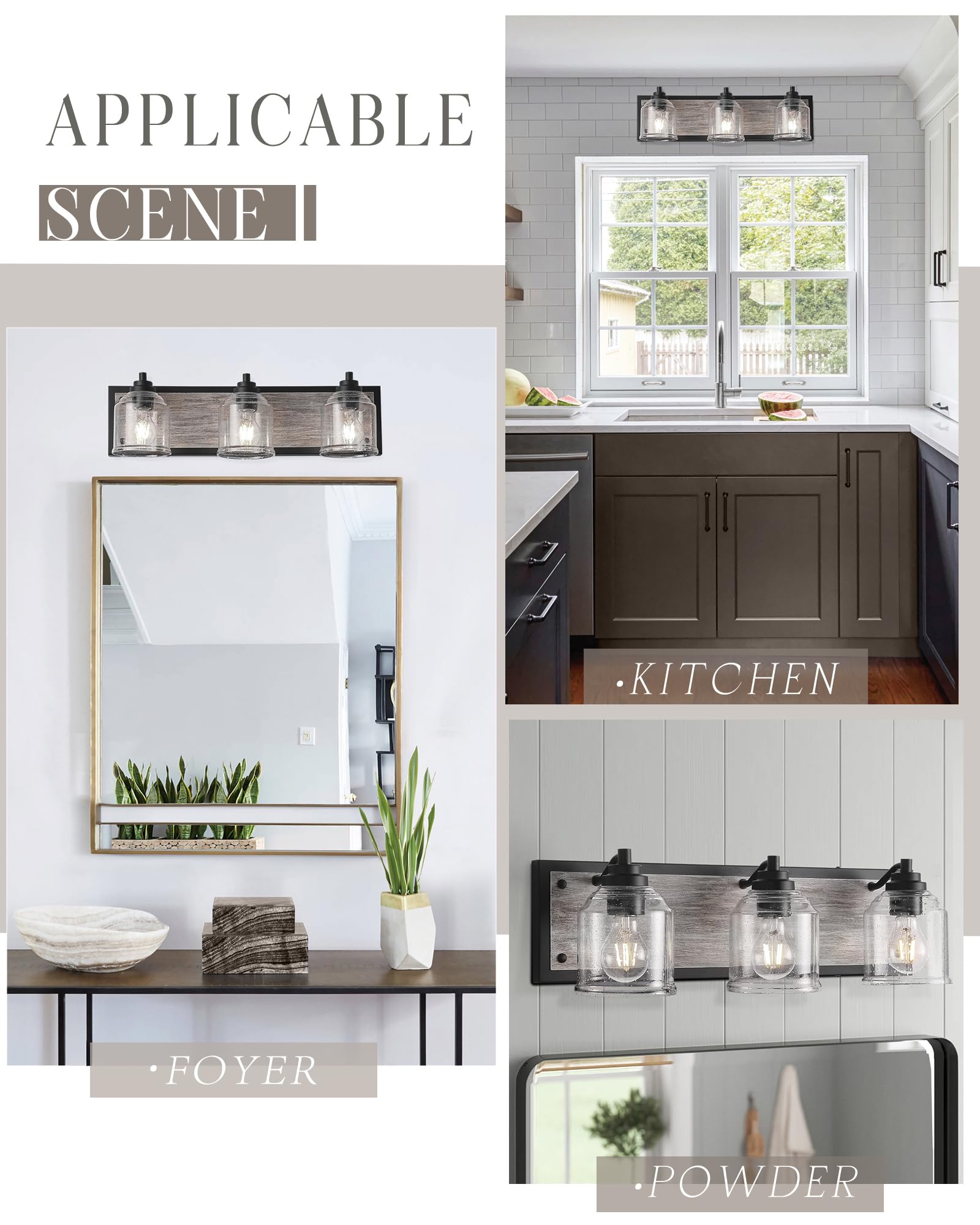 23" Large Farmhouse Bathroom Vanity Light,Handmade Grey Wood Vanity Light With Bubble Glass Shades,3-Light Rustic Wall Sconce Lighting Fixtures Over Mirror, Bd005-3-Bk