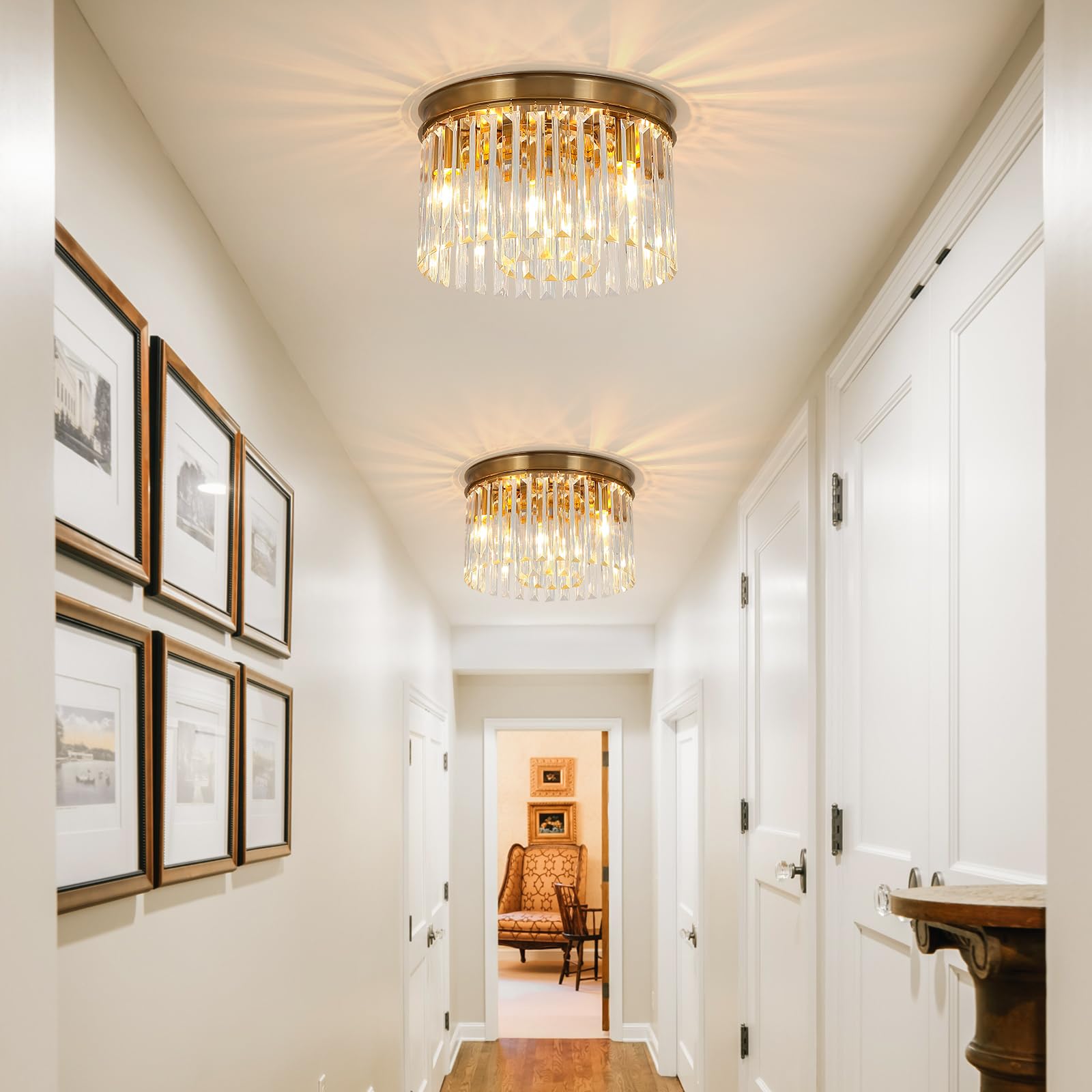 Klklch Gold Flush Mount Ceiling Light, 12 Inch Modern Crystal Light Fixture, 3-Light Semi Flush Mount Chandelier Lighting For Li