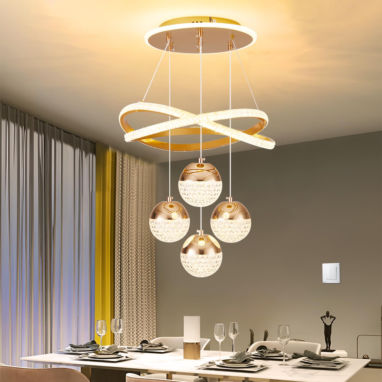 SpavzeMe Modern Gold LED Chandelier - 3-Color Dimmable Pendant Light, Adjustable Height for Kitchen, Dining, Living Room, Model CT-1