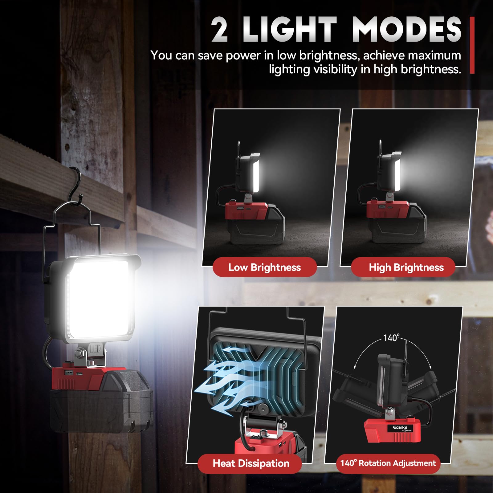 Ecarke Portable LED Work Light - 60W, 6800 Lumens, USB & Type C Charging, Aluminum, Compatible with Milwaukee M18 18V Battery
