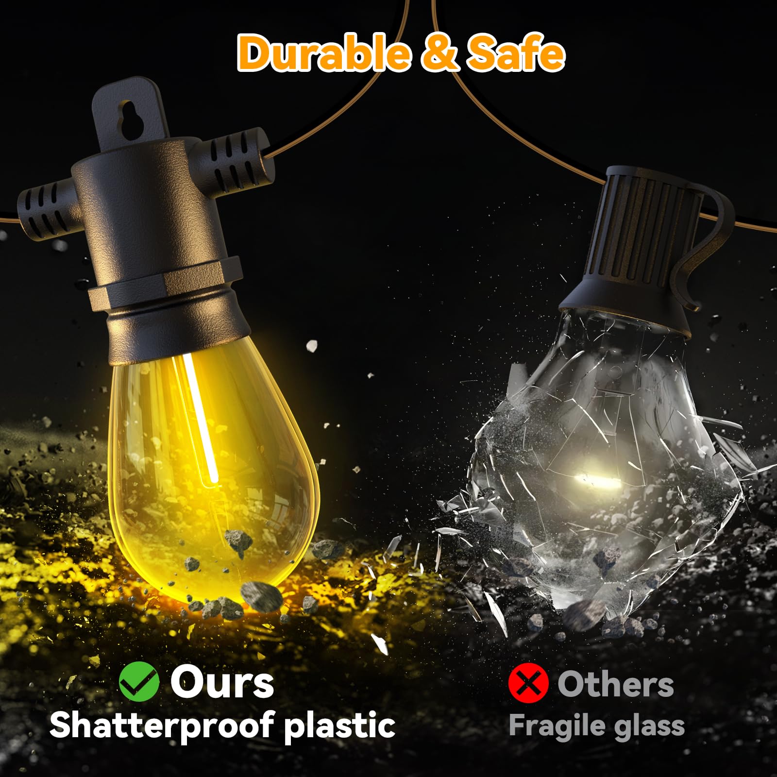 Aialun 51ft LED Outdoor String Lights, Waterproof with 16 S14 Shatterproof Bulbs, Black 2200K, Model USS14-51FT15LEDP1#2