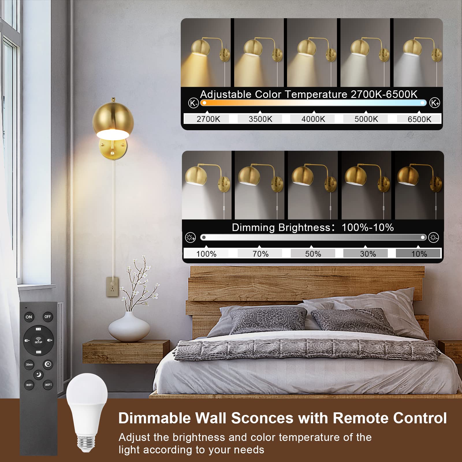 Vatoni Wall Sconce With Remote Control, Plug In Wall Sconces Dimming 0-100% And Adjustable Color Temperature 2700K-6000K, Brushe