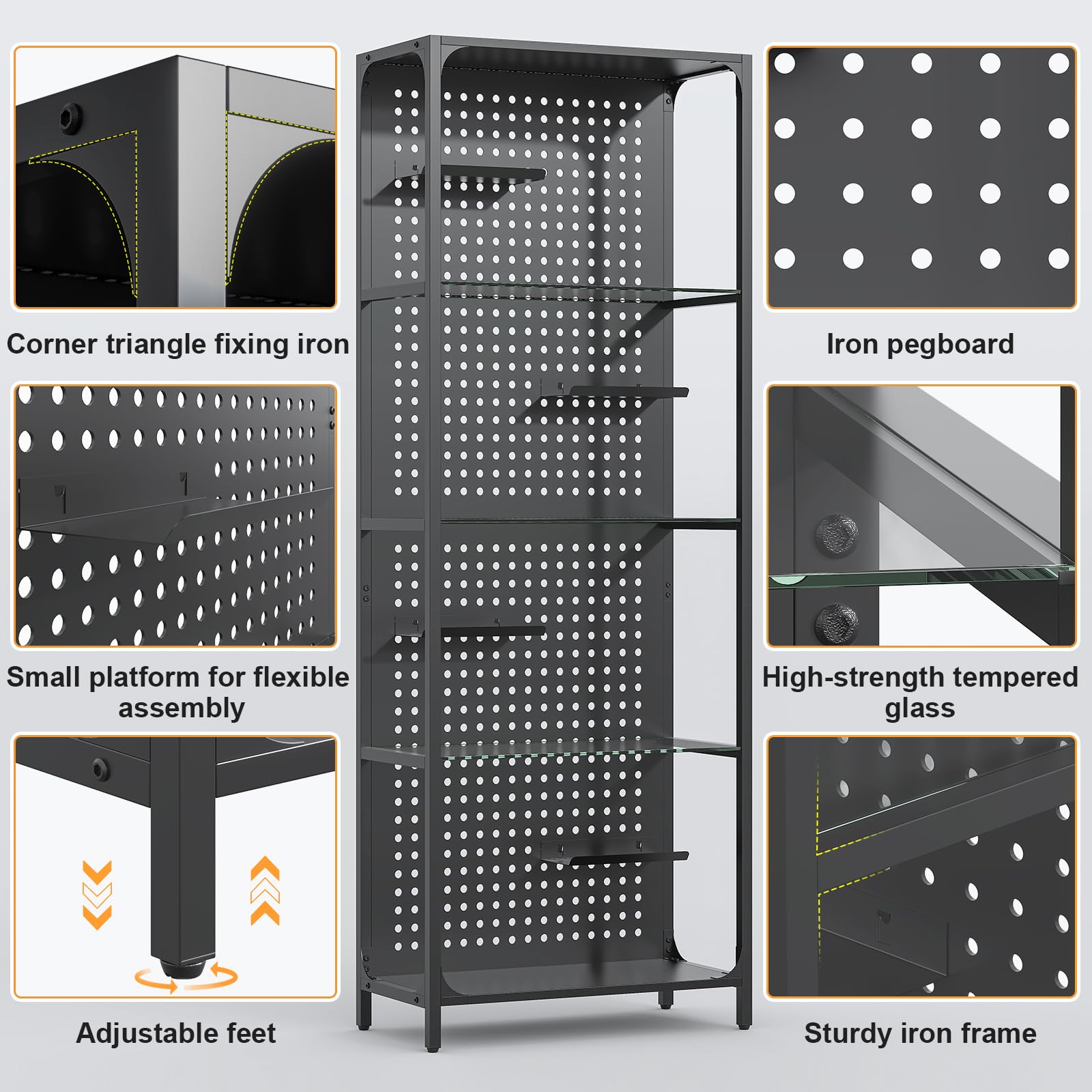 Saudism Glass Display Shelf For Collectibles, Led Black Narrow Shelf With Pegboard Steel Frame, Lighted Tall Curio Cabinet For G
