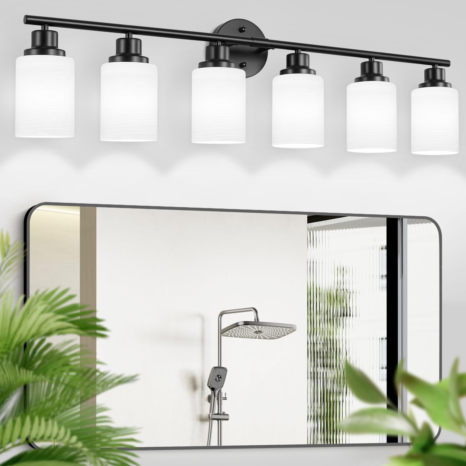 Guliaofo 6-Light Matte Black Vanity Lights, E26 Base, Milky White Frosted Glass Shade, Modern Bathroom Wall Sconce, Model Gu-111-LWNBH-5