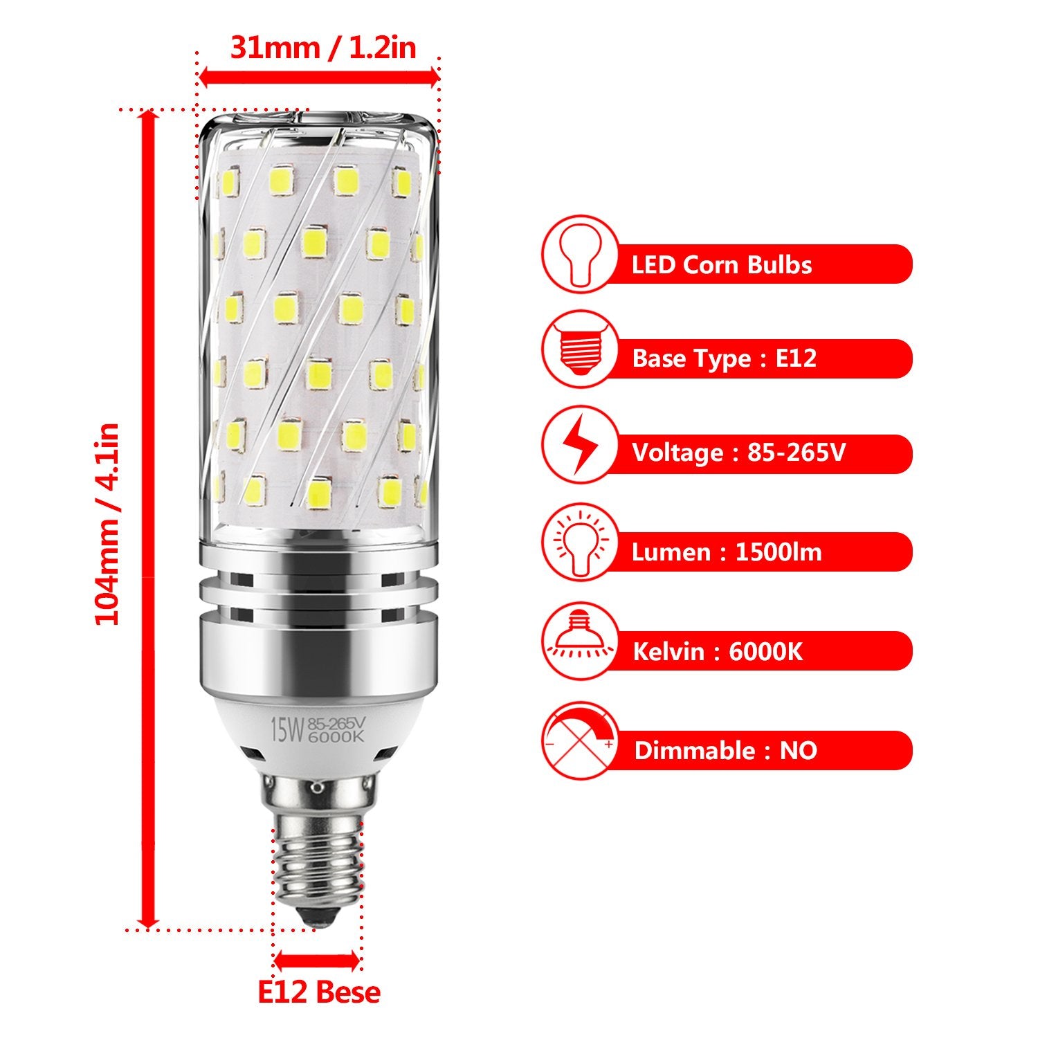 Gezee E12 Led Corn Bulbs,15W Led Candelabra Light Bulbs 120 Watt Equivalent, 1500Lm, Daylight White 6000K Led Chandelier Bulbs,