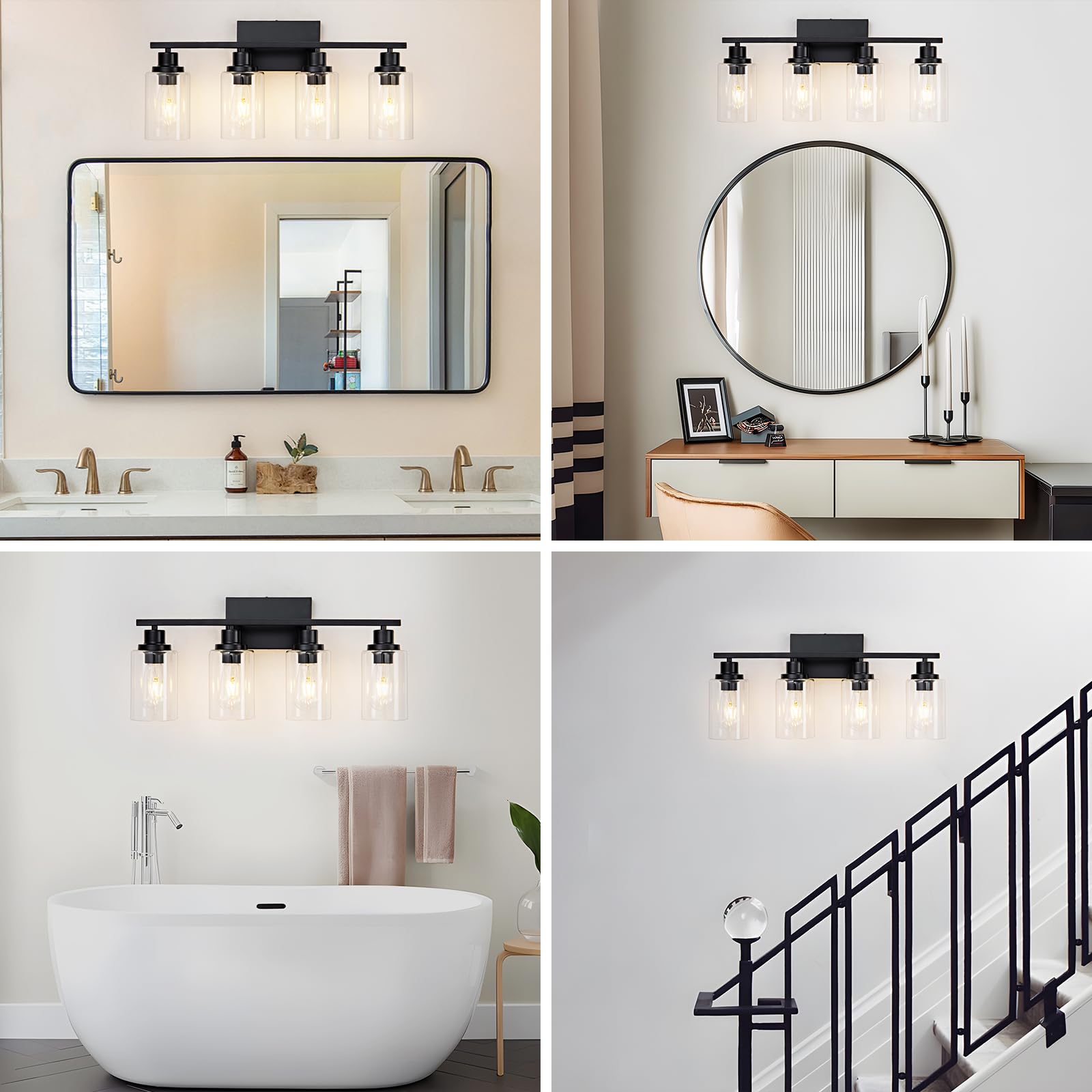 HCCZ 4 Light Black Bathroom Vanity Light Fixture, Metal Wall Sconces, E26 Socket, Glass Shade, Model 800-100-1079