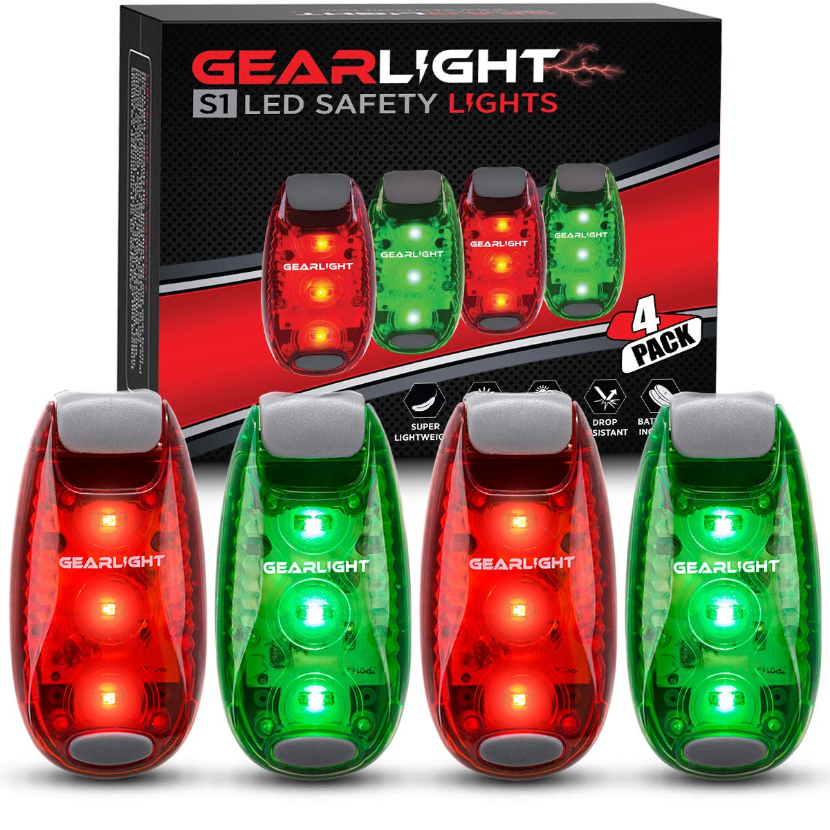 GearLight S1 LED Bike Taillights - 4 Pack, Clip-On, Pocket-Sized, Red/Green, Plastic