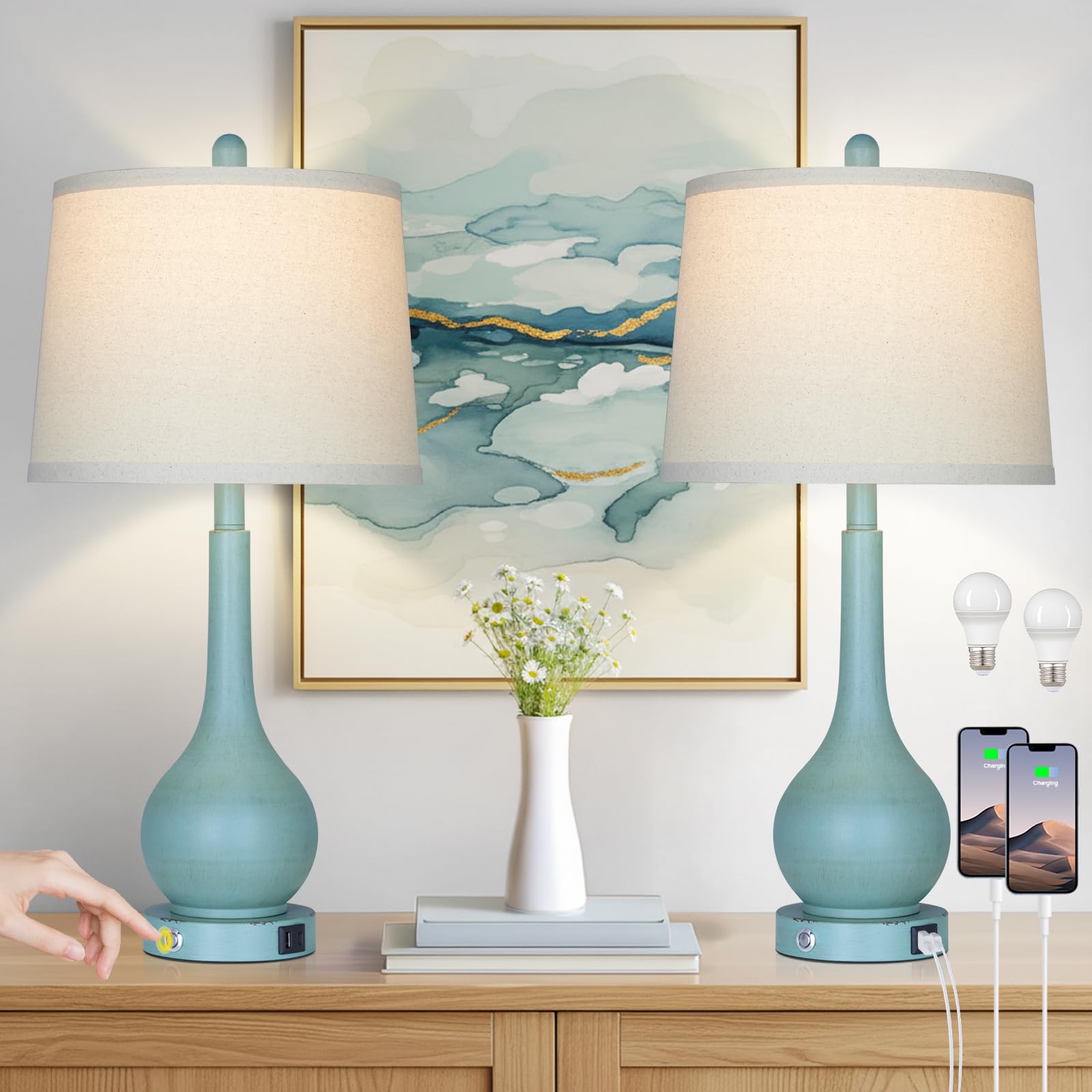 luxeflow 26 Farmhouse Table Lamps for Living Room Set of 2  3-Way Dimmable Touch Control Bedside Lamp with USB A+C Ports  Retro Blue Nightstand Lamps for Bedroom (2 LED Bulbs Included)