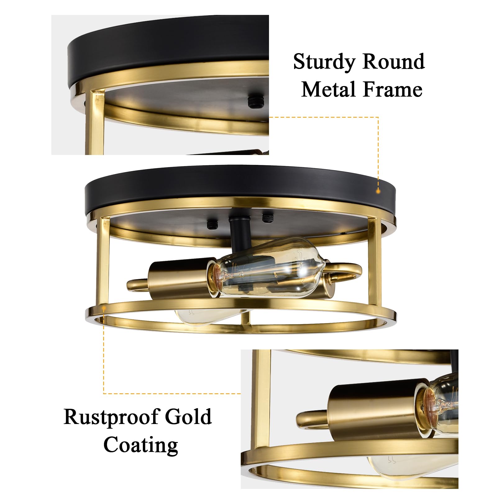 Treekee Ceiling Light Fixture, 12in Flush Mount, Metal, Gold & Black Finish, Vintage Retro Style, Model RR004-BG