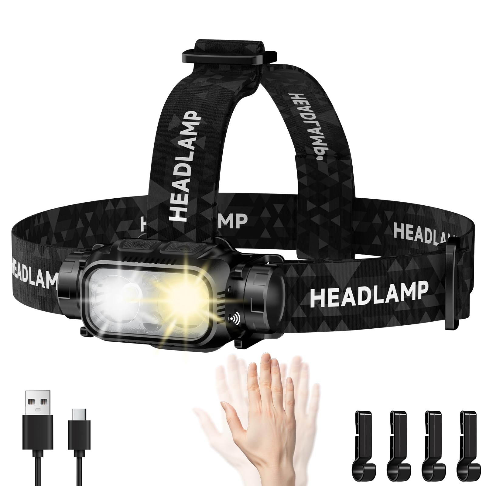 ATDOALL Rechargeable LED Headlamp, 90° Adjustable, Waterproof, 5 Modes, Black, Lightweight, 1 Pack