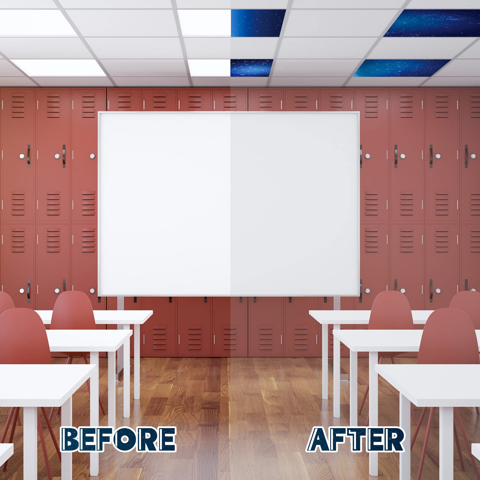 Amylove 4 Pcs Fluorescent Ceiling Light Covers With Star And Night Pattern, Classroom, Dark Color