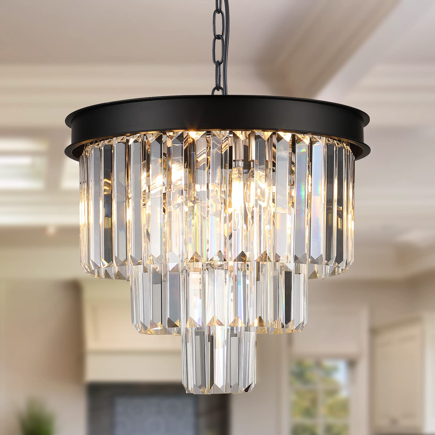 Axilixi Modern Crystal Chandeliers 16” Black Ceiling Pendant Light Fixture 3 Tiers Dimmable Flush Mount Chandeliers Round Raindrop For Living Room Dining Room Foyer Kitchen Entryway