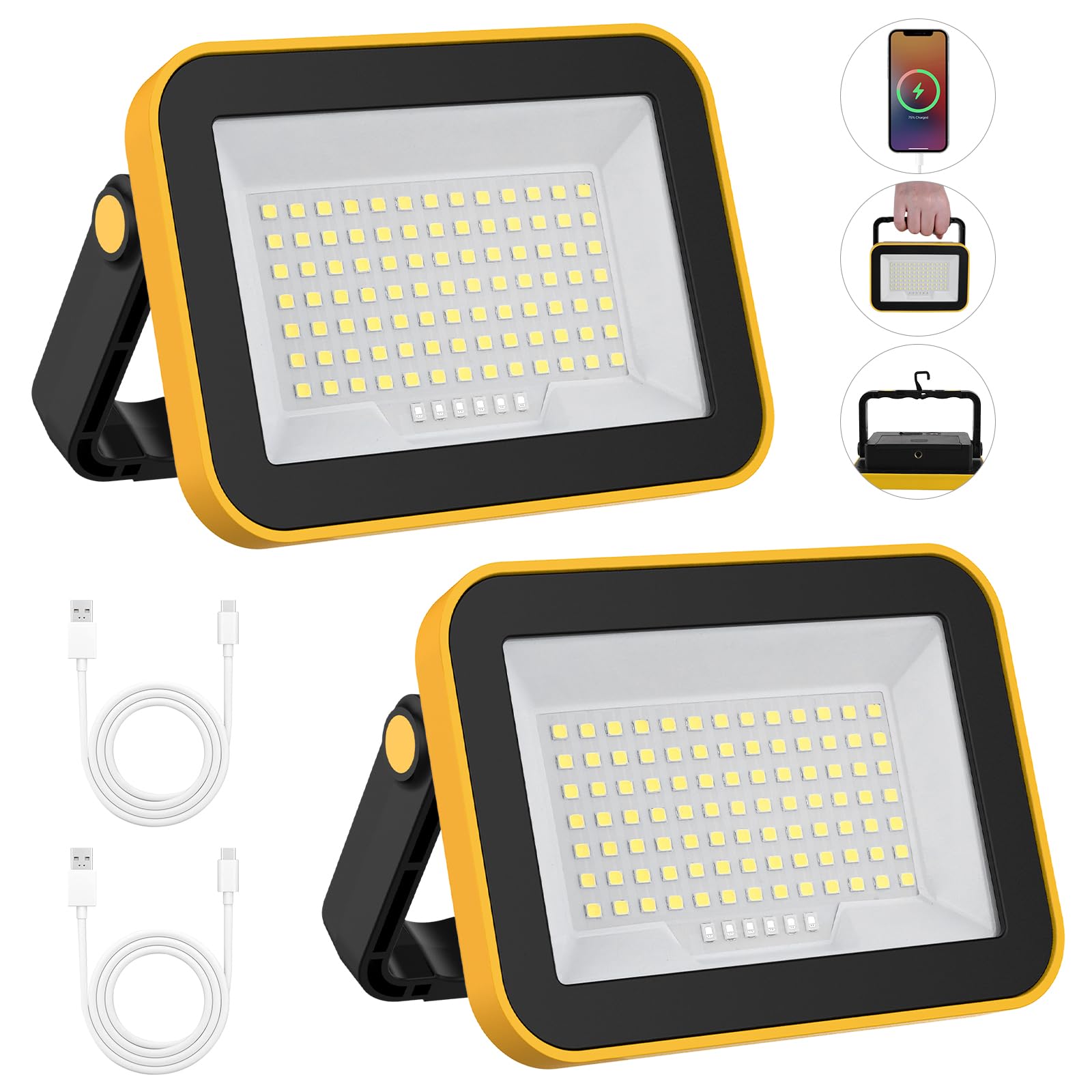 2 Pack Rechargeable Work Light, T-SUNUS Super Bright Portable SMD Flood Lights 5 Modes Battery Powered Job Site Lighting with St