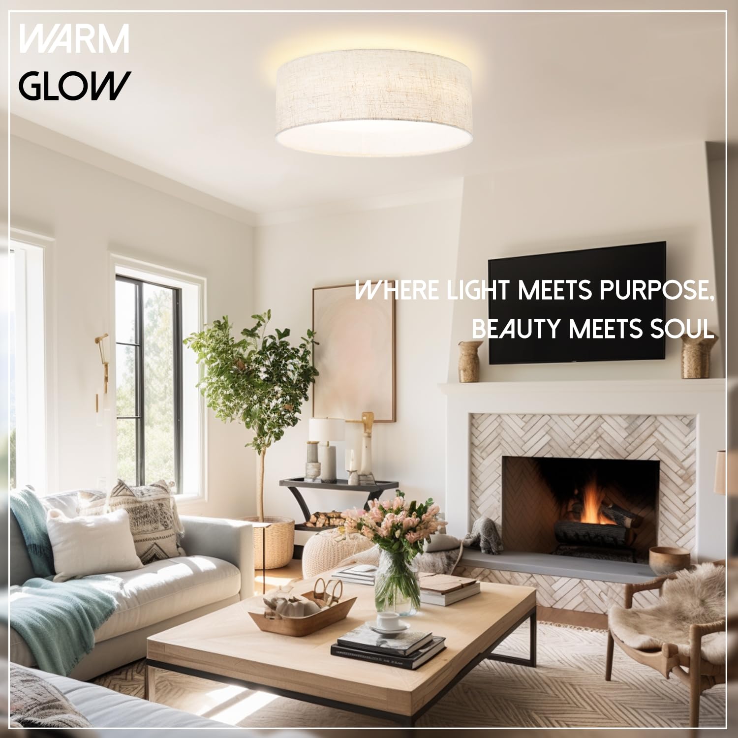 Hamilyeah 24W Led Ceiling Light, 12&quot; Dimmable Fabric Shade Fixture For Kitchen & Living Room