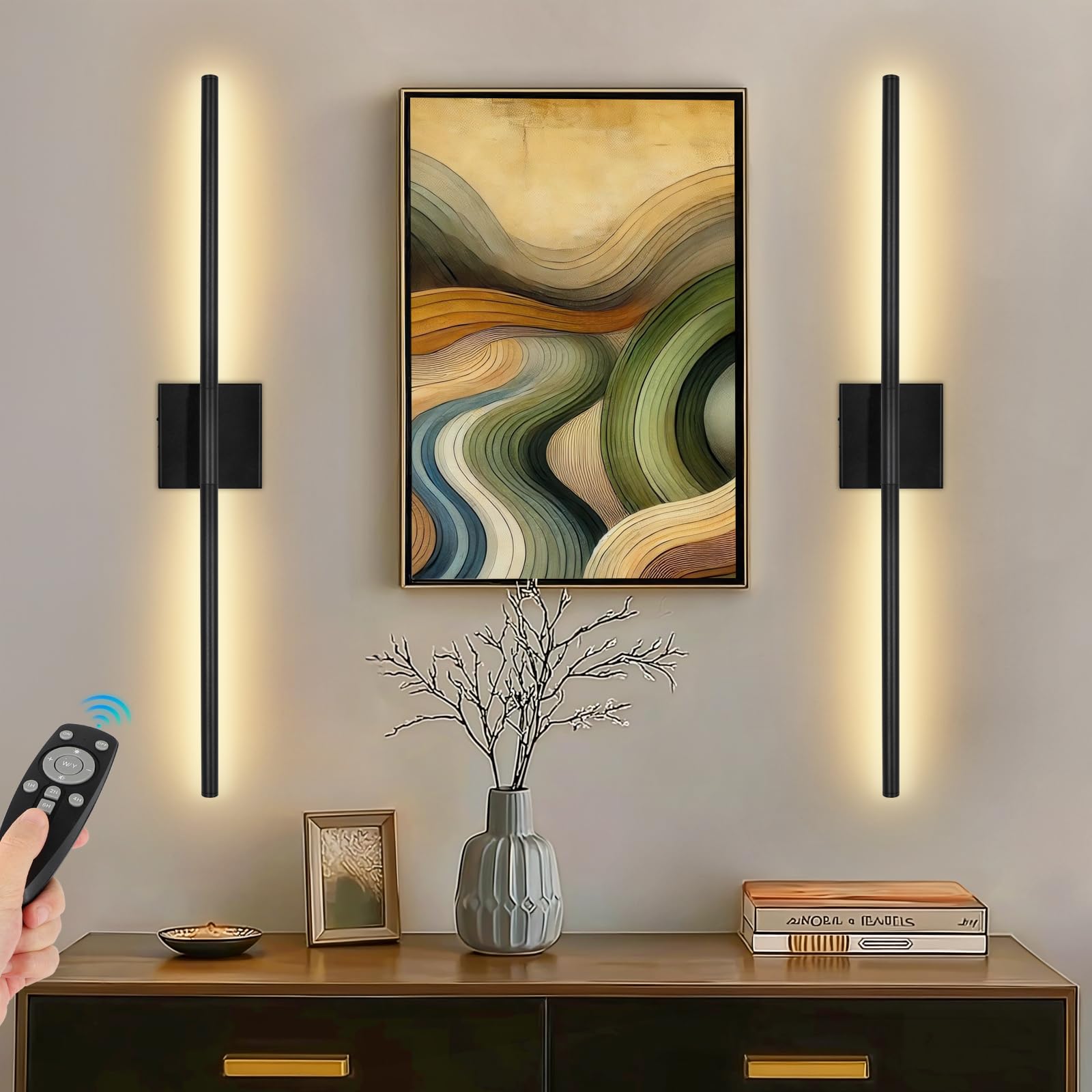 TaoFiaCo Battery Operated Wall Sconces Set of Two, Battery Wall Sconce with Remote Control, Black Modern LED Rechargeable Sconce