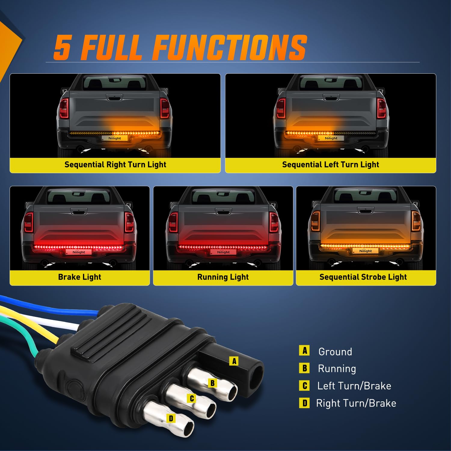 Nilight Truck Tailgate Light Strip 48Inch Arrow 432 Led With Red Running Brake Lights Amber Turn Signals Strobe Lights