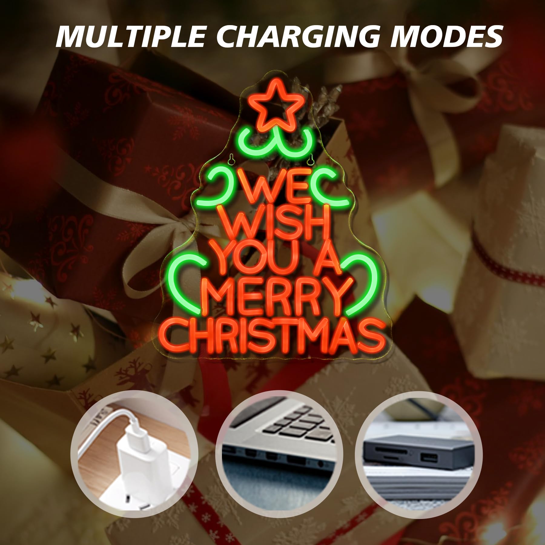 Wanxing Neon Sign - We Wish You a Merry Christmas LED Decor, 14.9 x 12.5 Inch, USB Powered, Acrylic, Red Green