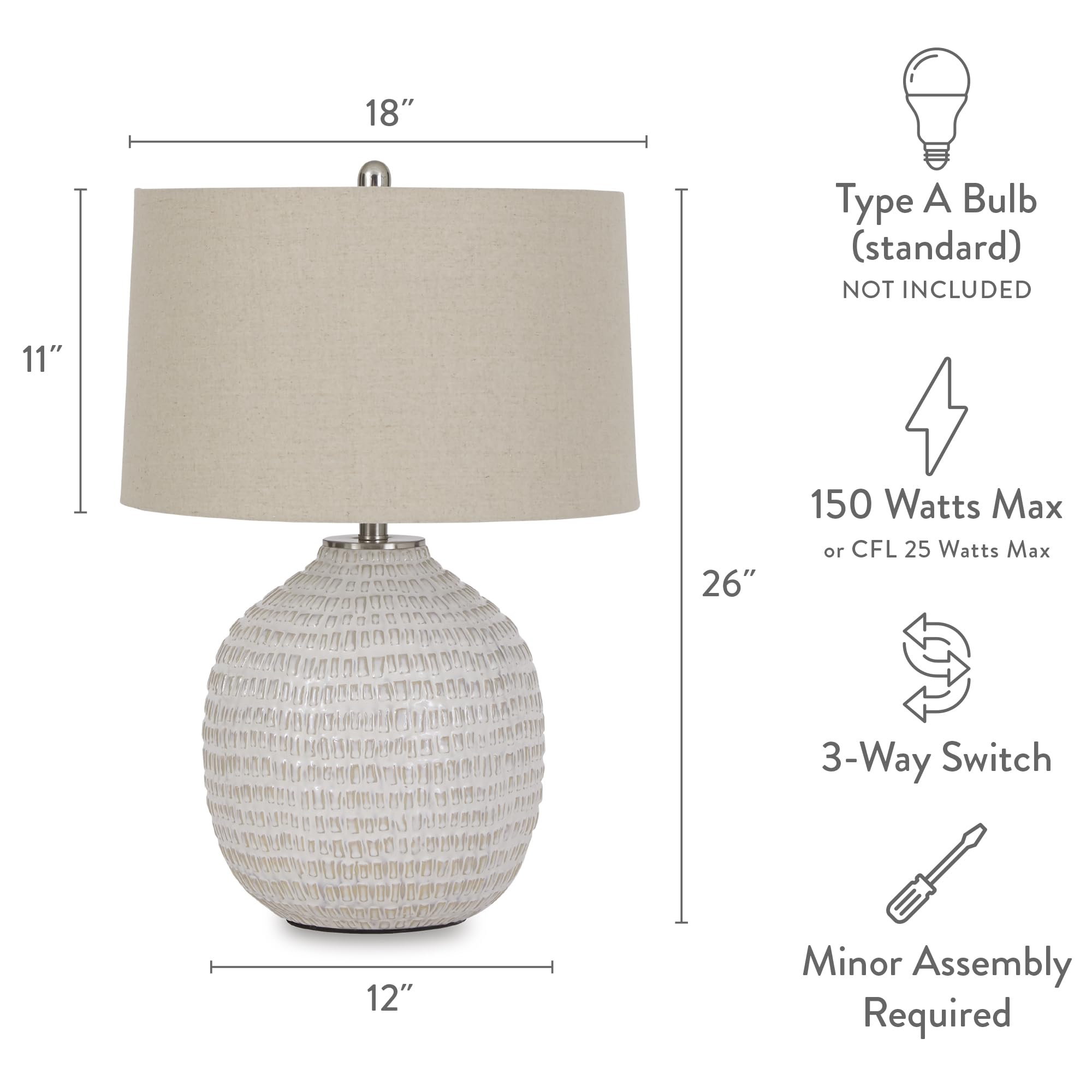 Signature Design by Ashley Ceramic Table Lamp, 26in Round, Textured, Beige, Model L100764