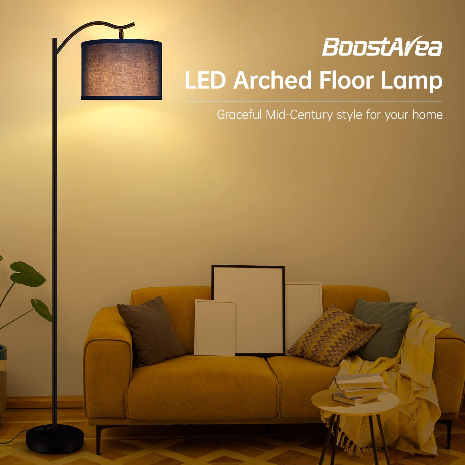 Floor Lamp For Living Room,Led Arched Floor Lamp,Tall Modern Standing Lamp With Blue Linen Shade,E26 Socket, Footswitch,Montage