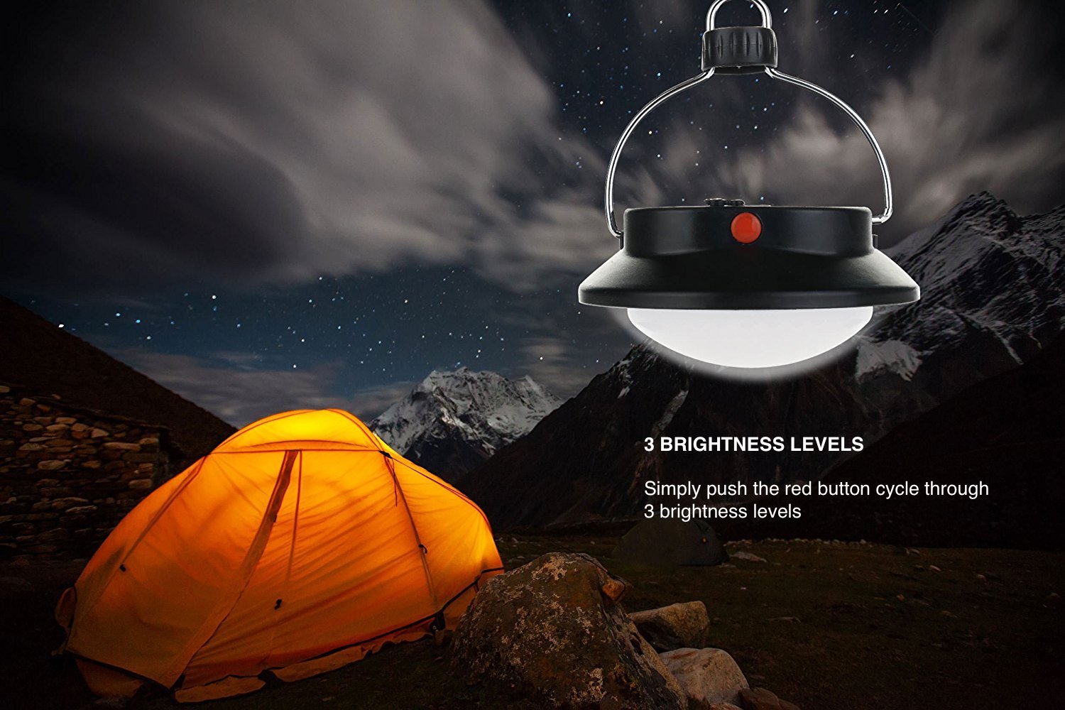 SUBOOS LED Tent Light - 3 Brightness Levels, Battery Powered, Foldable Hook, Model SS-8503, Great for Camping and Outages, Lantern with AAA Batteries