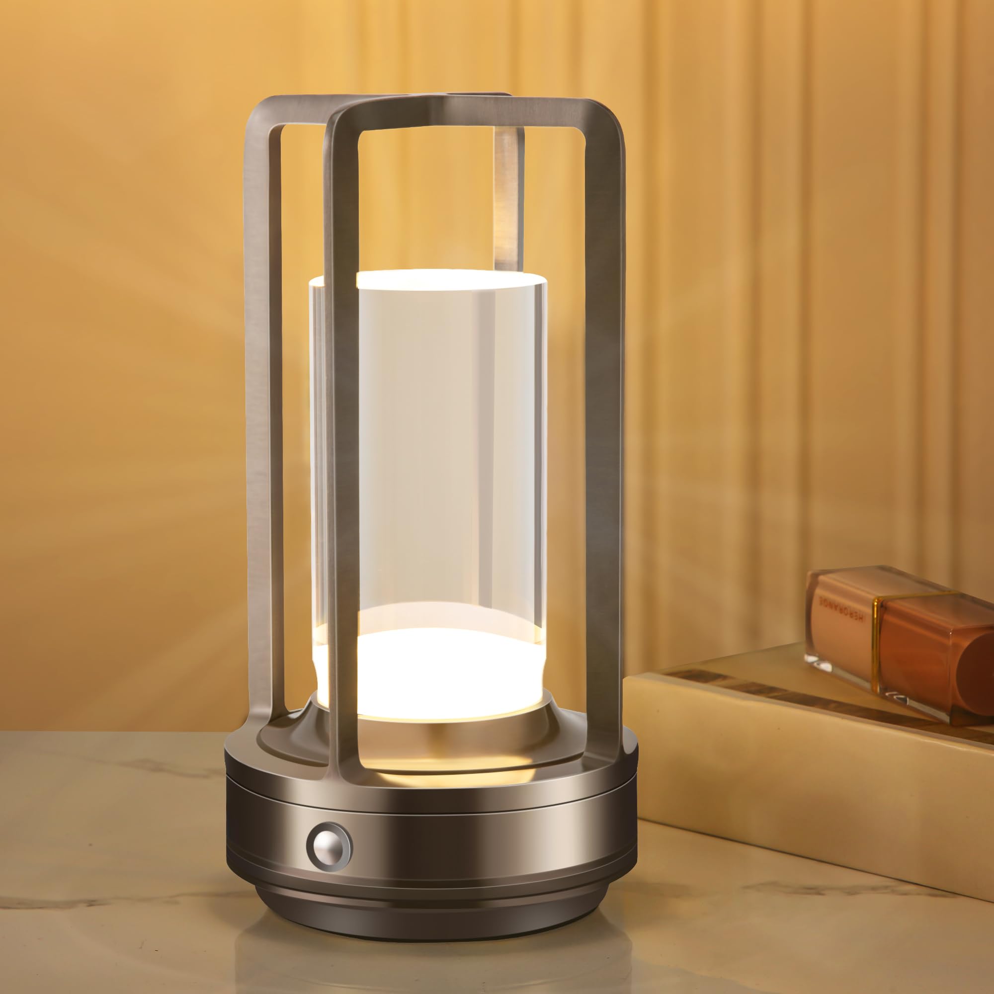Anxingtools Portable Metal Table Lamp, Rechargeable LED, 3 Color Dimming, 3.54inD x 3.54inW x 6.89inH, Gray, Model AN-