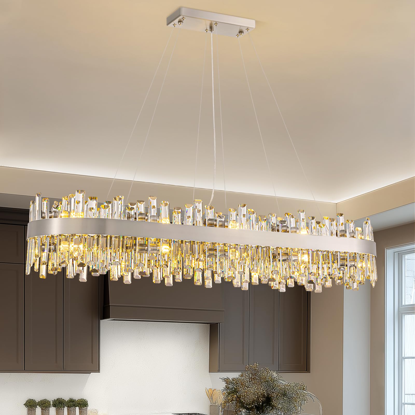 Siljoy 20-Light Modern Crystal Chandelier, Luxury Large Nickel 2-Tiers K9 Crystal Raindrop Ceiling Light, Rectangular Flush Moun
