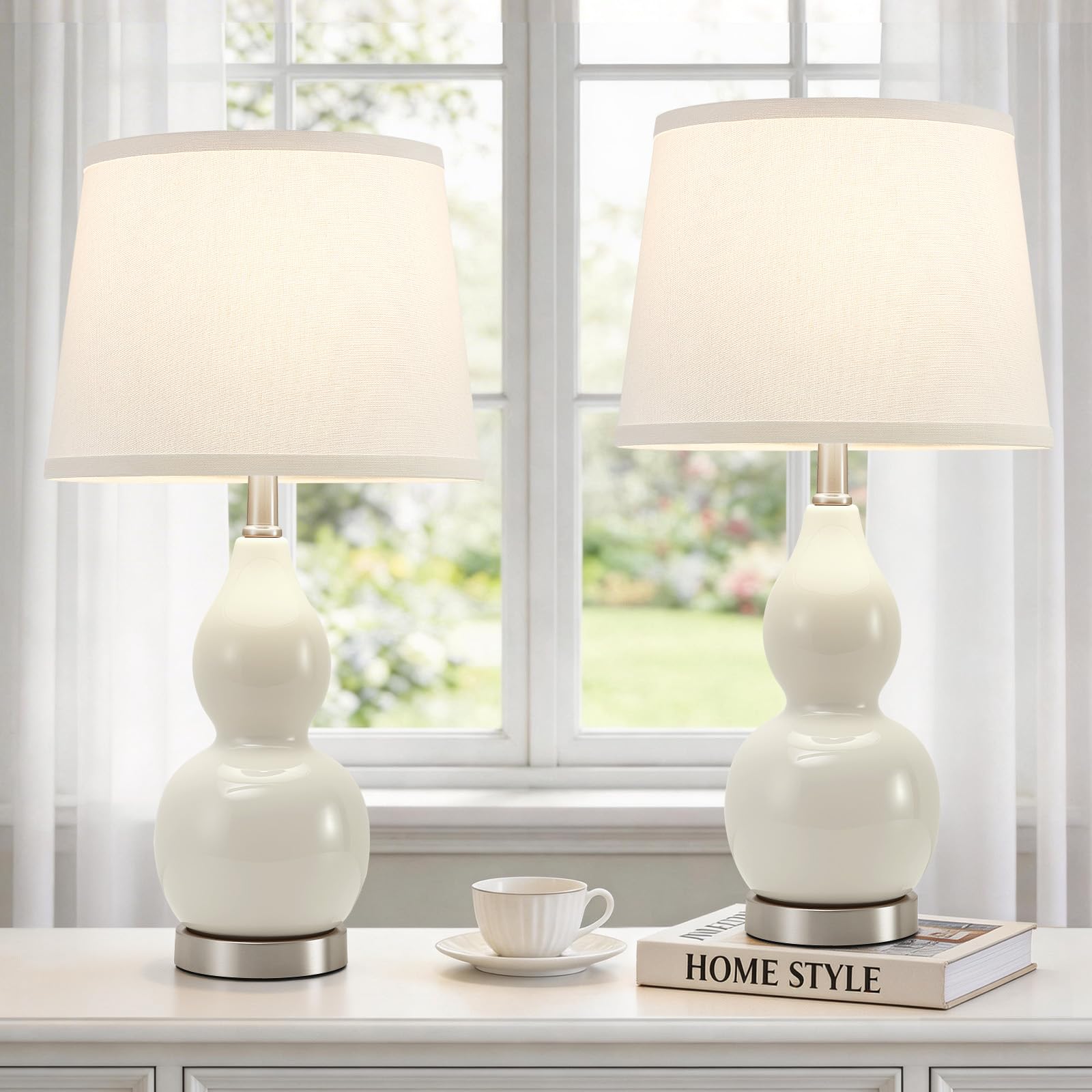 GyroVu 22 Table Lamp Set of 2  Color Temperature Adjustable Double Gourd Ceramic Lamps Classic Nightstand Table Lamps for Bedroom Beside Lamps for Living Room  Cream-Bulbs Included