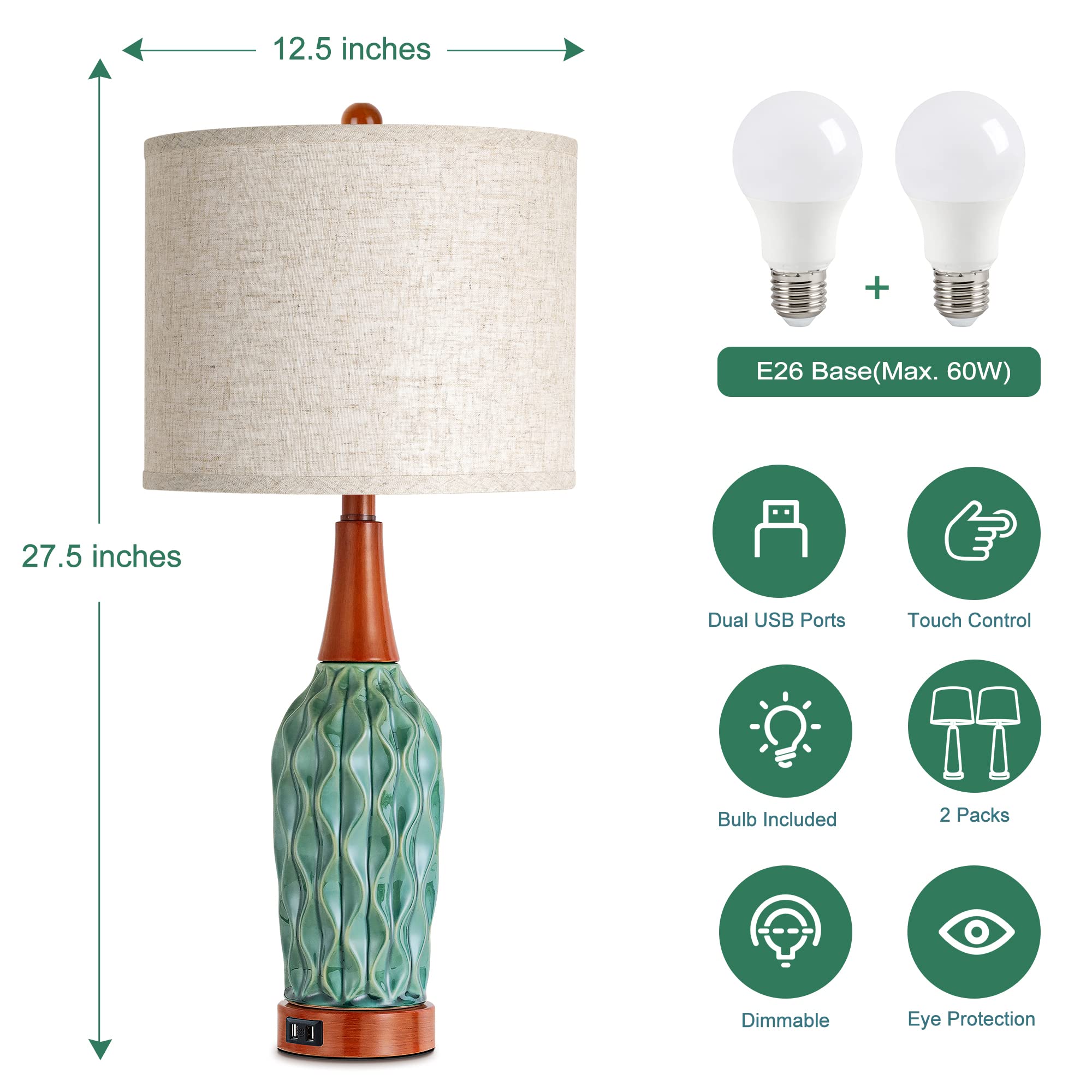 Vpazg Vintage Table Lamps Set Of 2, Turquoise 3-Way Dimmable With Usb Port & Linen Shade