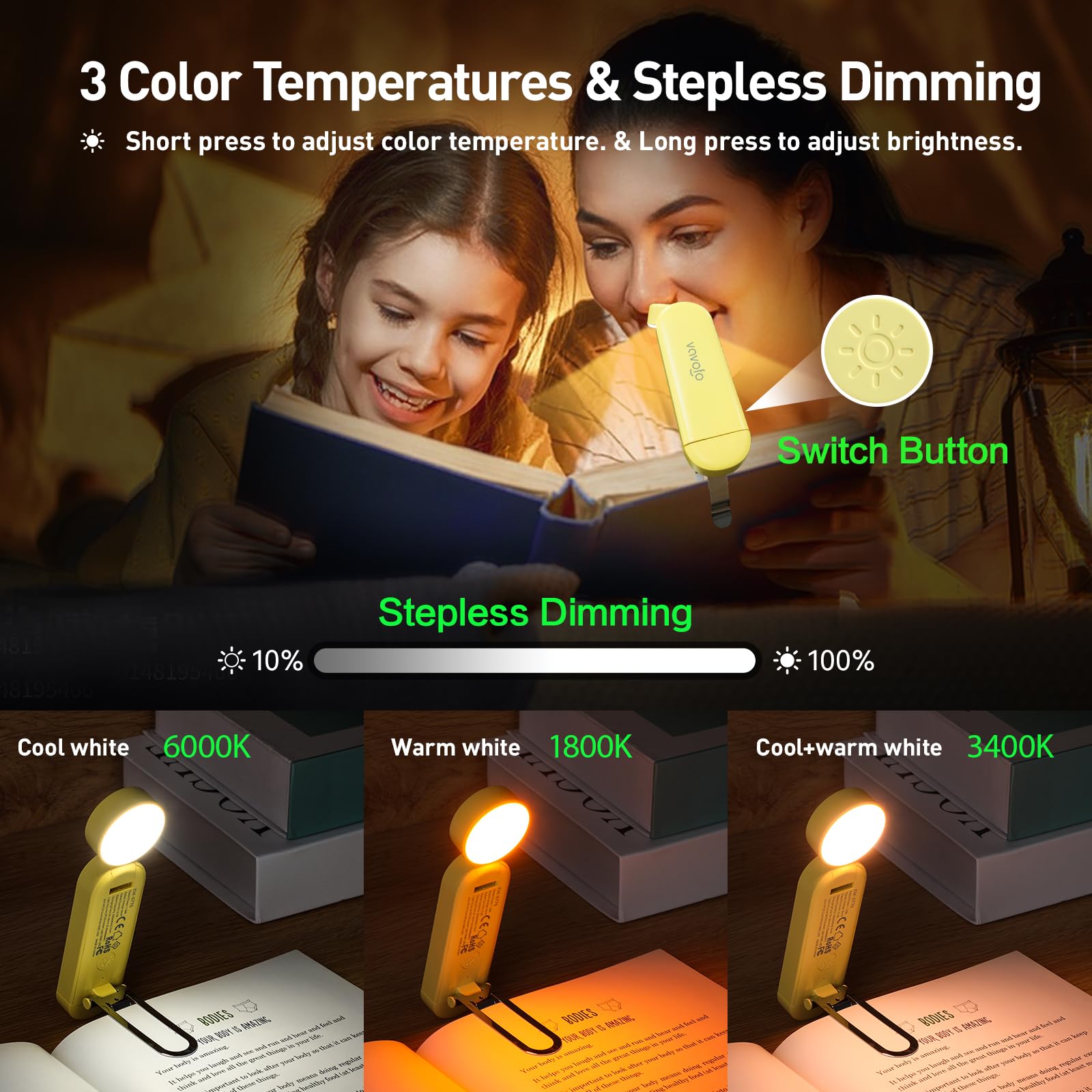 Vavofo Usb Rechargeable Book Light, Blue Light Blocking, Amber Light Clip On Bookmark Shaped Reading Light, Eye Care 6 Leds Book Light For Bookworms Reading In Bed With 9 Lighting Modes (Yellow)
