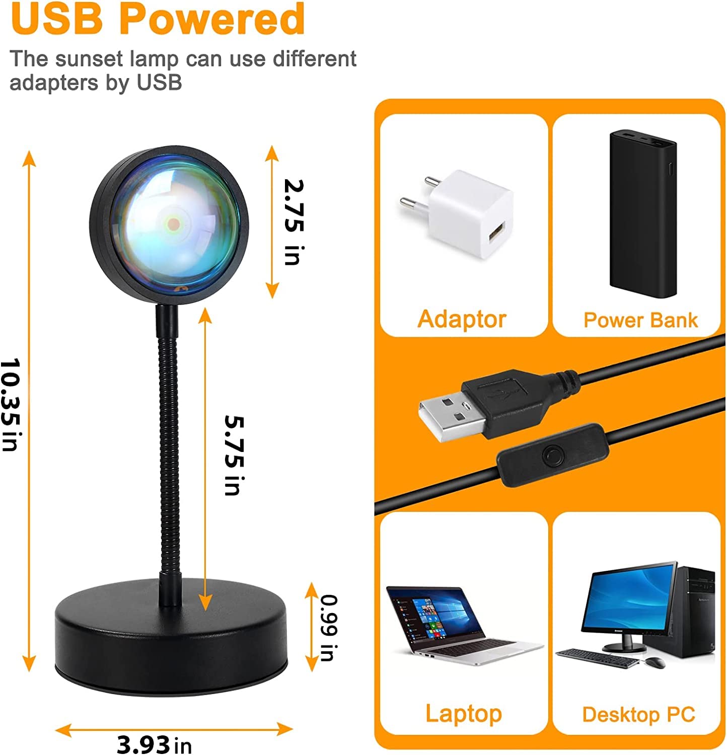 QUIGO Sunset Lamp Projector - RGB 360° Rotation Night Light, Aluminum, Countertop Size, Multi-Color, Model SUNLAMP-P