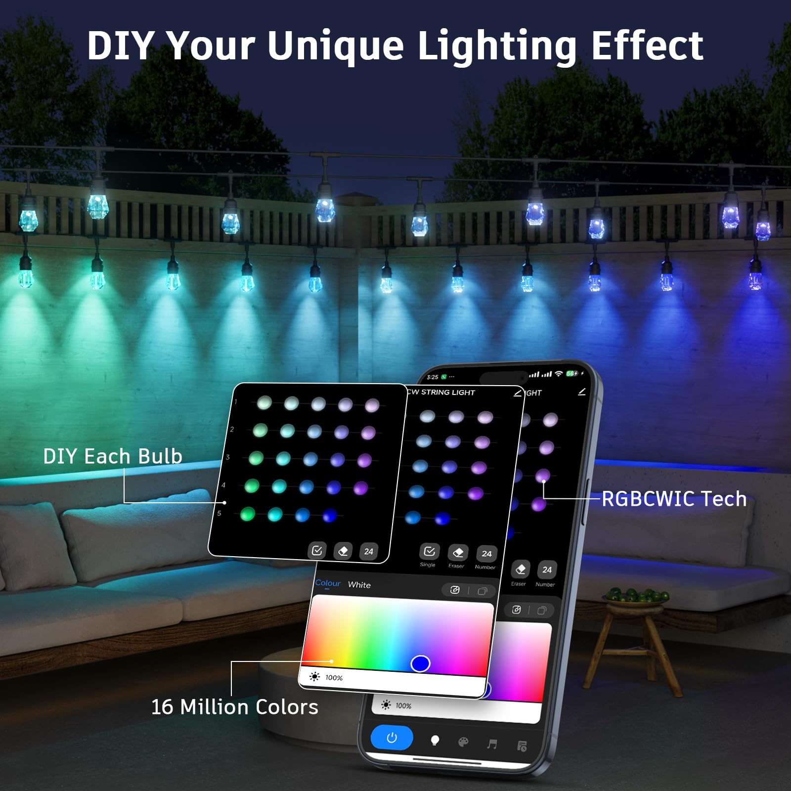 Xmcosy+ Smart Outdoor String Lights - 64Ft Rgbcwic Patio Lights With 24 Color Changing Bulbs, Led String Light For Outside Backy
