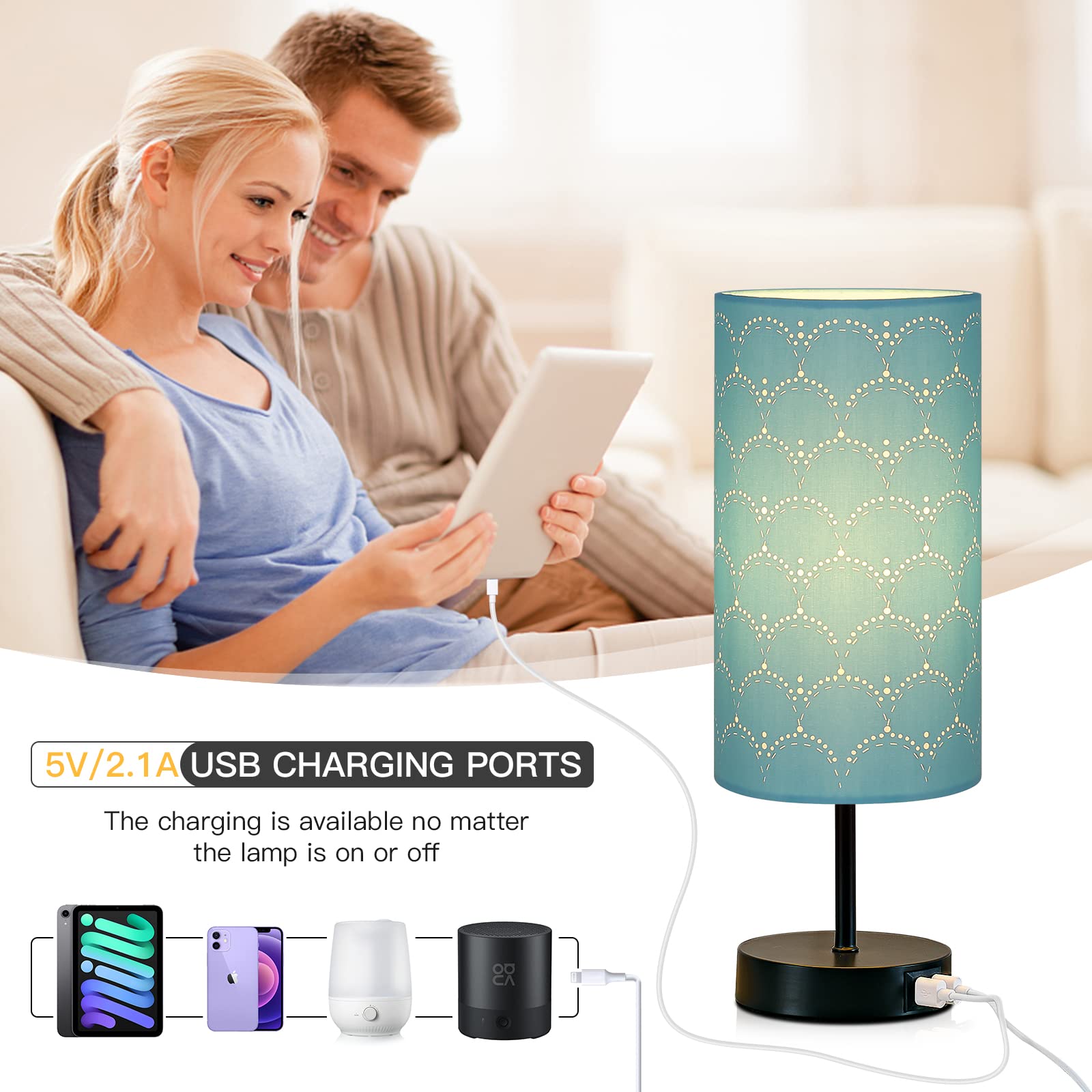 CINSARY Touch Control Bedside Lamp, 3-Way Dimmable, Blue Fabric Shade, 2 USB Ports, E26 LED Bulb Included