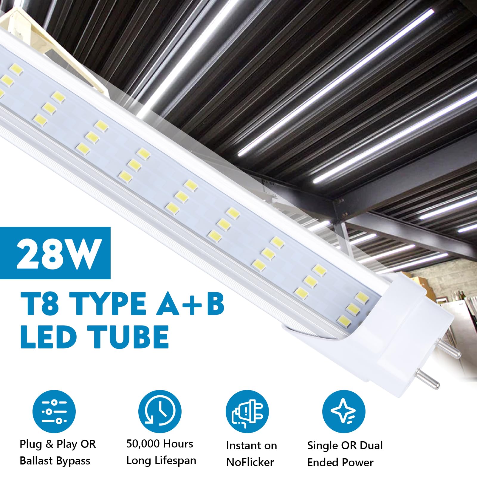 12 Pack, 4Ft Led T8 Type A+B Tube Lights, 28W(80W Equivalent), 4000Lm, 6000K, Clear Cover, Single Or Double End Powered, Plug An