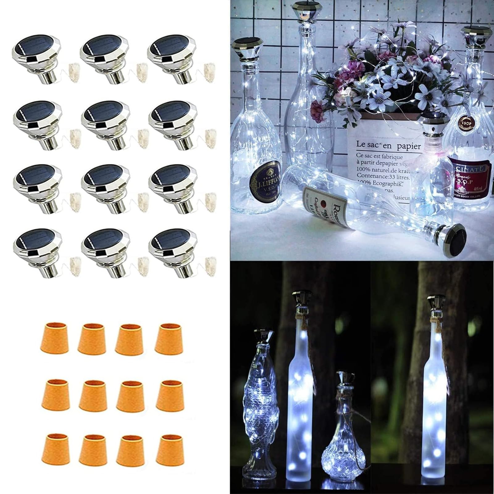 YJFWAL 2024 Upgraded 12 Pack Diamond Solar Wine Bottle Lights,20 LED Starry Cork Lights Solar Operated Mini Copper String Lights for Wine Bottles with Cork Christmas,Outdoor,Wedding Deco(Cool White)