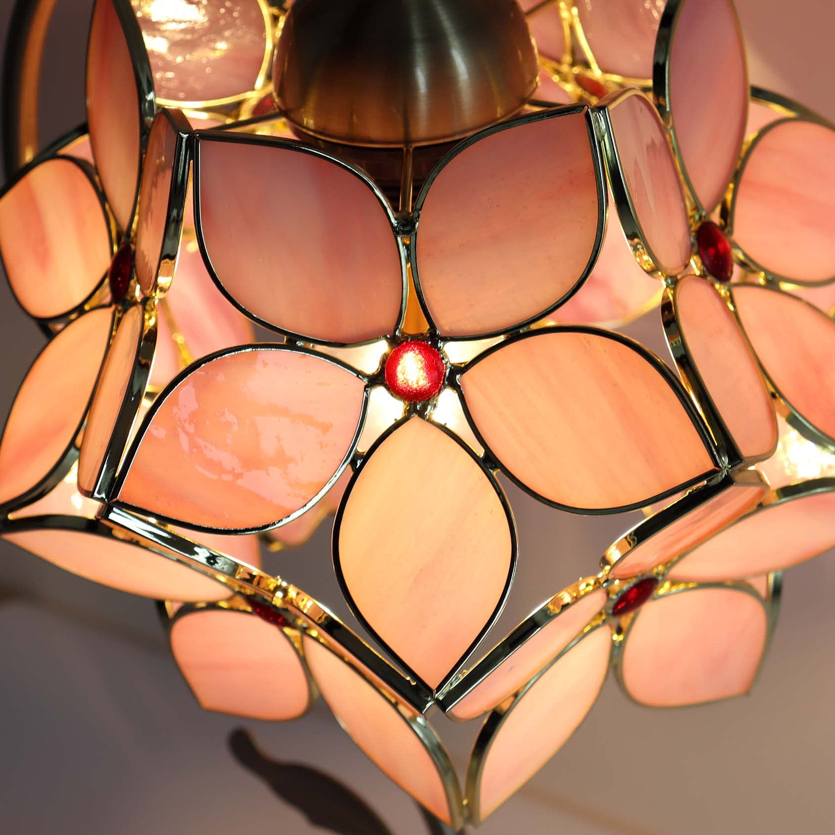 Bieye L10832 Tiffany Style Stained Glass Flower Petal Table Lamp With Brass Base For Home D  Cor (Pink, 8'' Apple Blossom)
