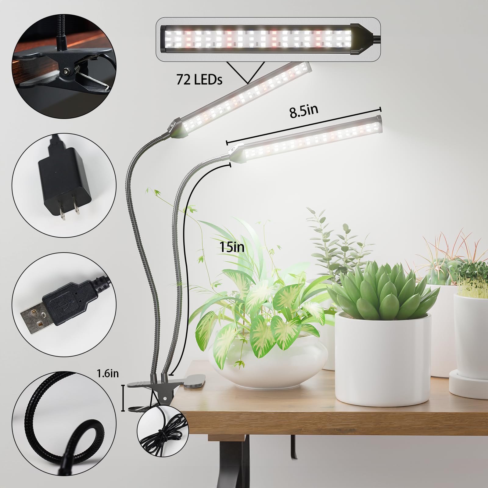 Gooingtop Grow Light Led Gooseneck Lamp,6500K 80W Full Spectrum 144 Led Plant Lamp Clip-On Desk For Indoor Plants Growing,Lighting Brightness Changeable,Timer 4 8 12 18Hrs