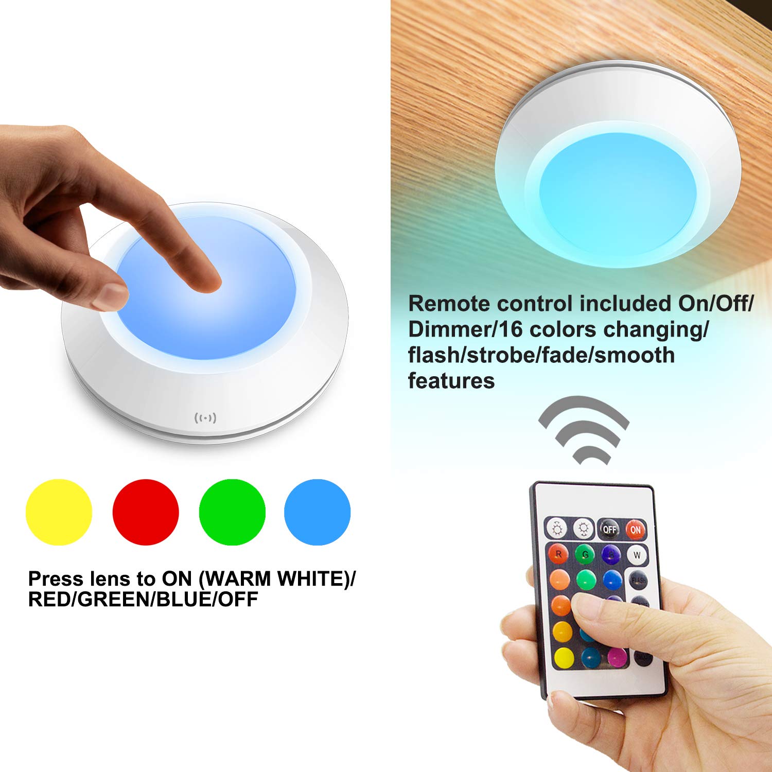 HONWELL LED Puck Lights with Remote, Battery Operated, RGB Color Changing, 3.15 inch, White, Model 8542000756