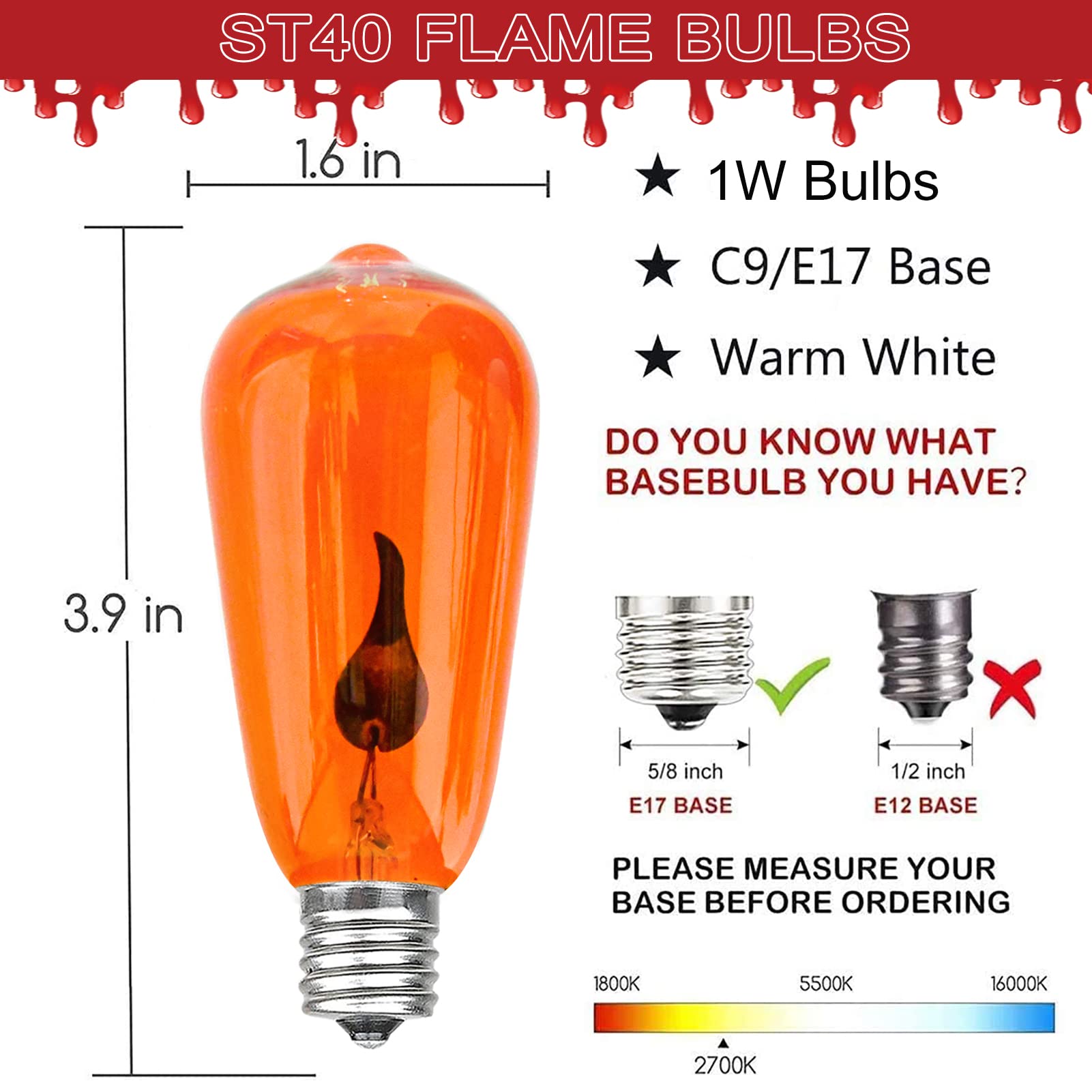 Cbebew St40 Orange Edison Bulbs - Halloween Flicker Flame Light, 10 Pack, E17 Base, Glass
