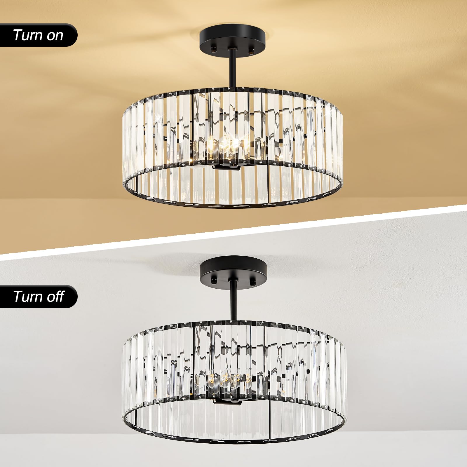 Violoemi Modern Black Semi Flush Mount Ceiling Light Crystal 3-Light Light Fixture 15.75 Inch Kitchen Ceiling Lighting For Living Room Bedroom Dining Room Bathroom Entryway(Bulb Not Included)
