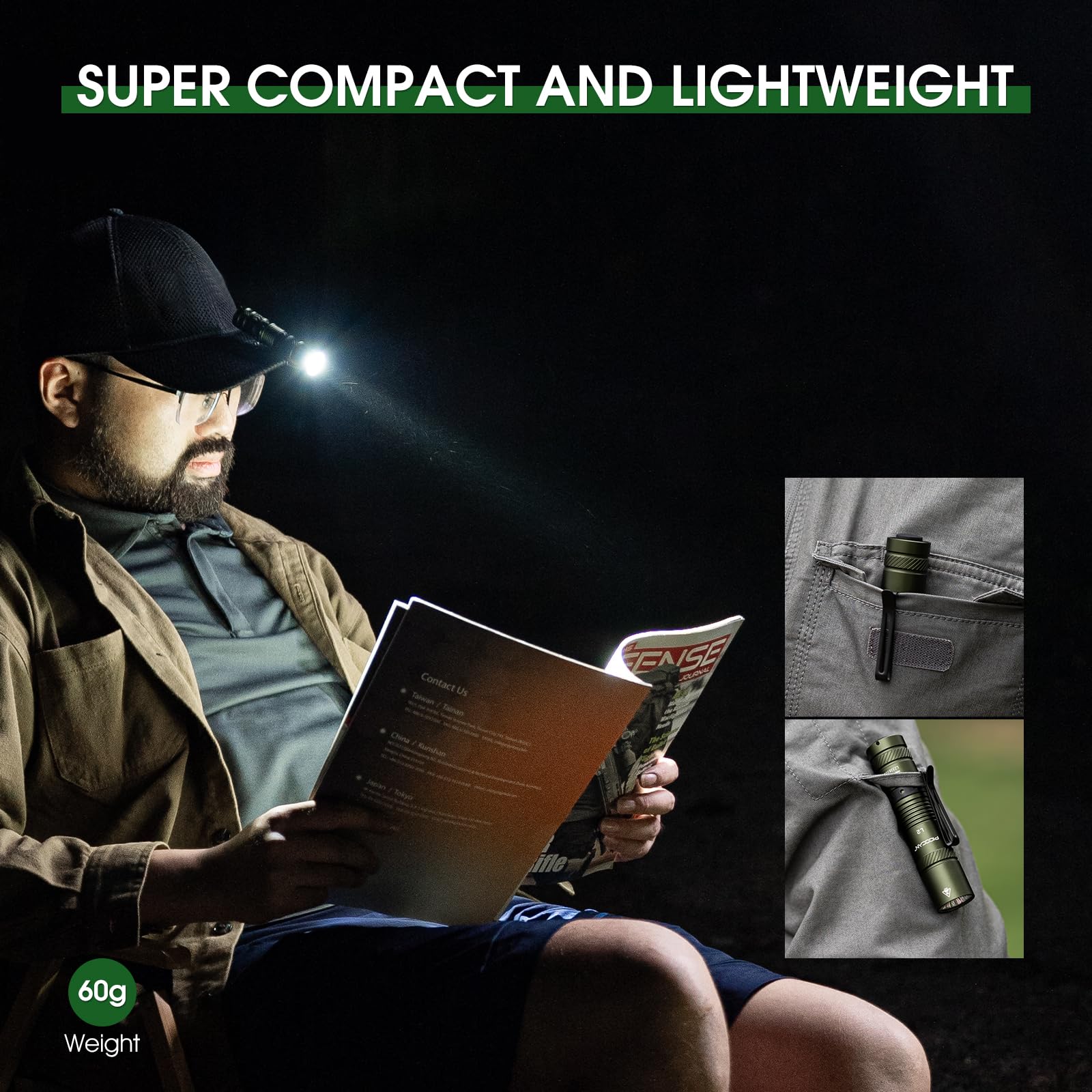 PIOOCAN EDC Flashlight 1200 Lumens, Aluminum, Dark Green, Model L2-GREEN, 4 Modes, Compact Pocket Light for Camping and Emergencies