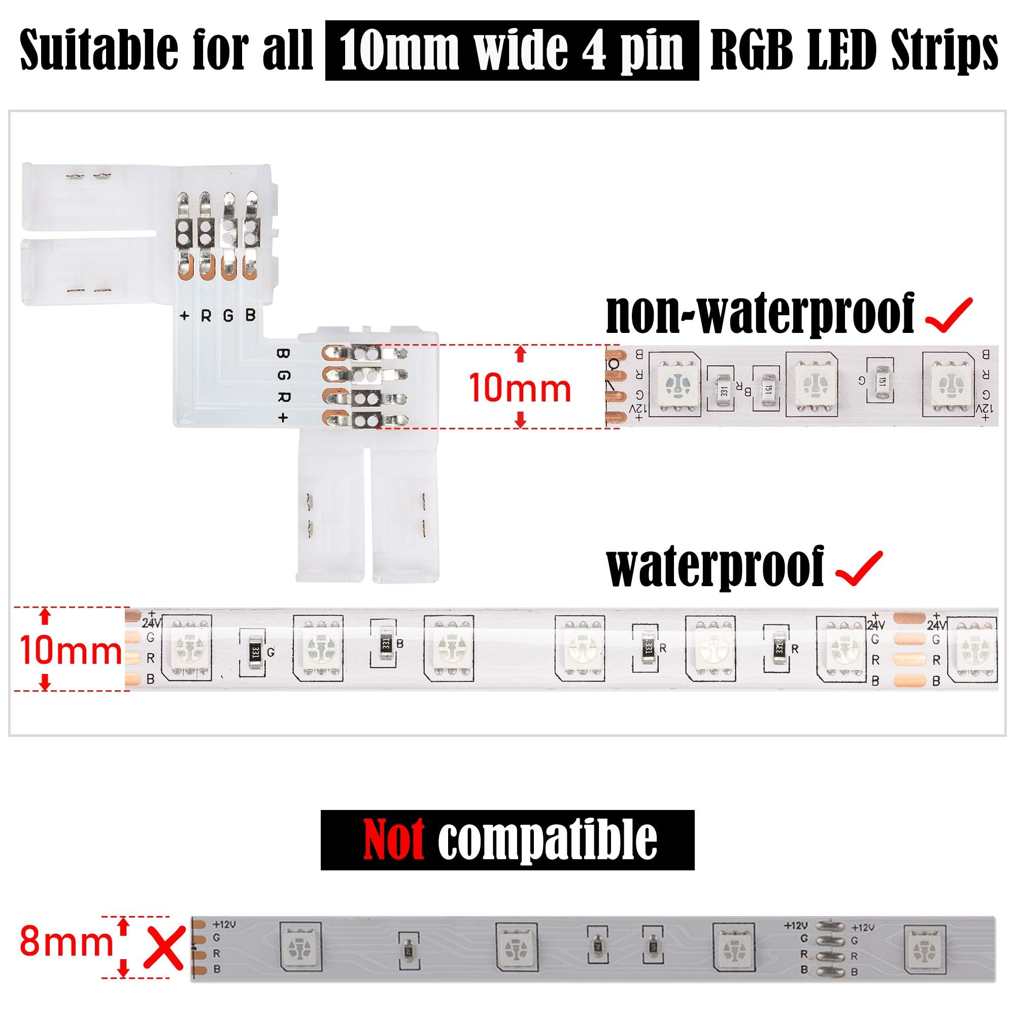 Jackyled 20Packs L Shape 4-Pin Led Connectors With 22Pcs Clips 10Mm For Strip Lights - 10Mm 4Pin