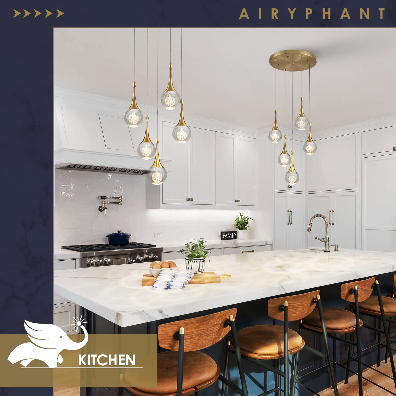 Airyphant 5 Lights Crystal Pendant Light, 25W Gold Dimmable Led Teardrop Cluster Pendant Lighting Fixture For Dining Room Kitche